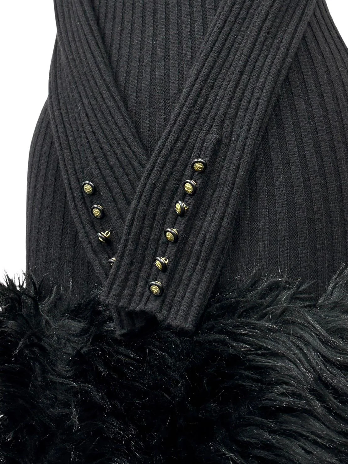 Chanel Black Ribbed 1994 Fur Logo Dress - Image 5