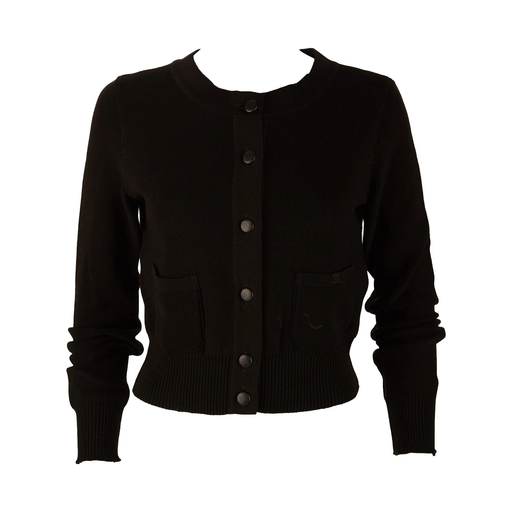 Chanel Black Ribbed Logo Button Cardigan