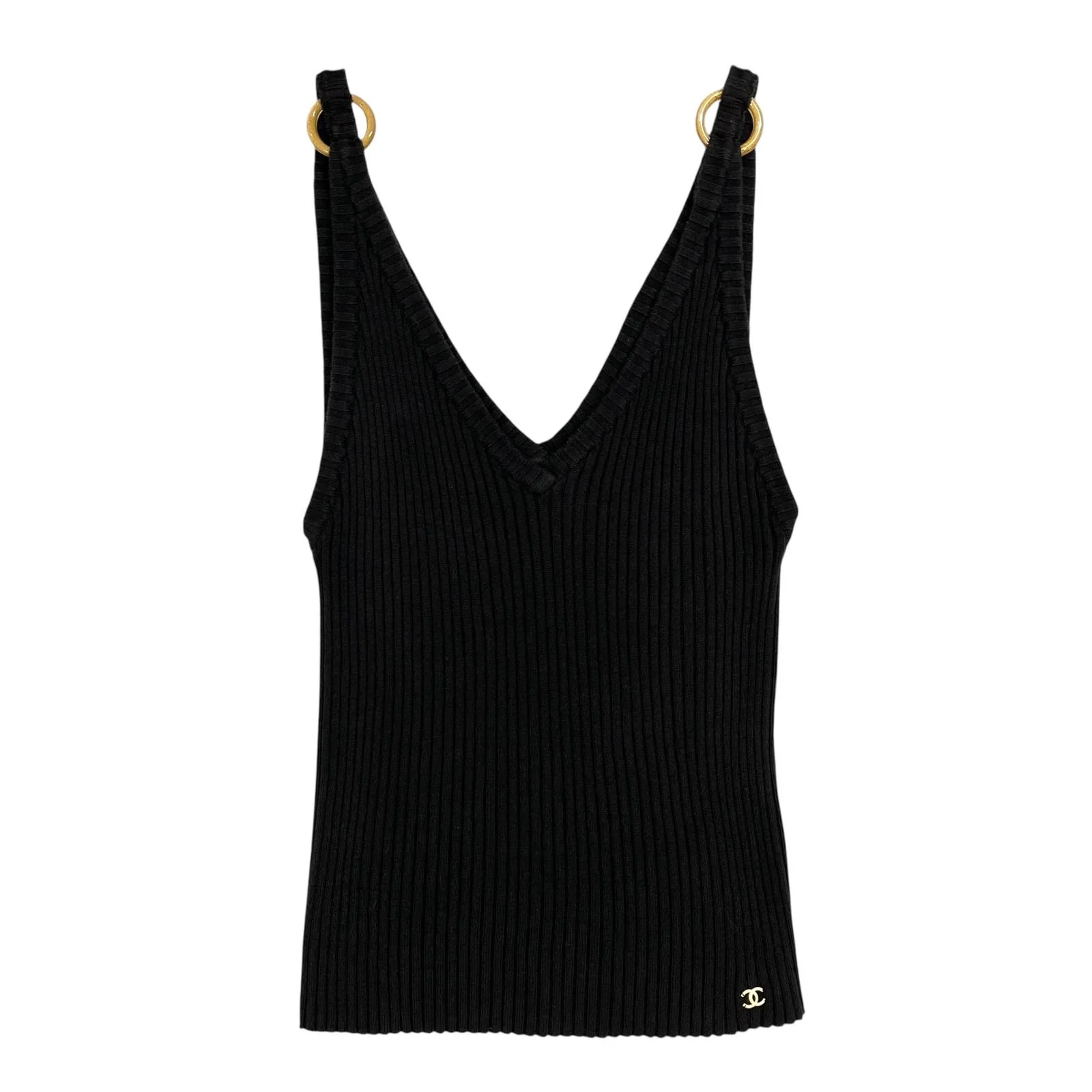 Chanel Black Ribbed Logo Tank