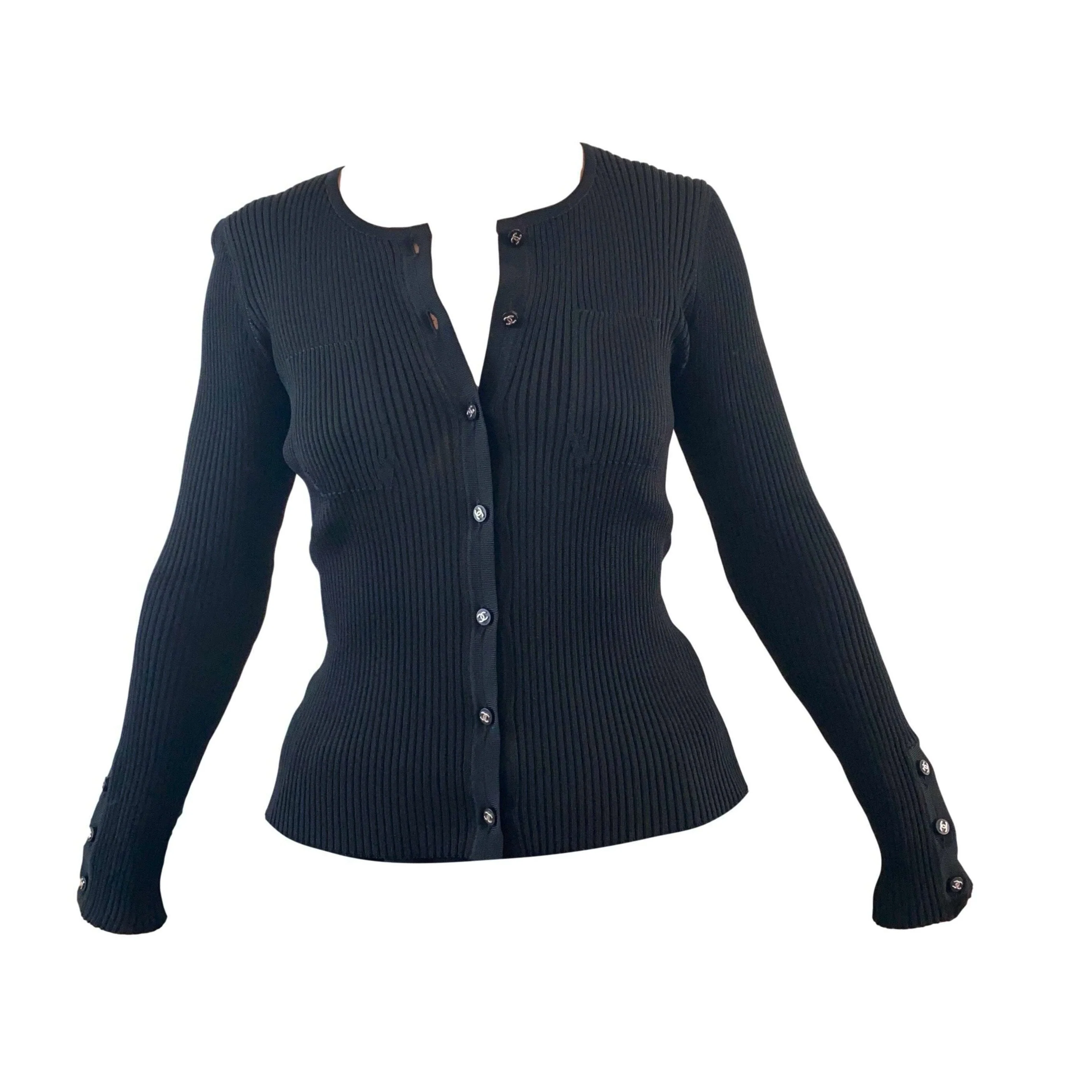 Chanel Black Ribbed Long Sleeve Button Down