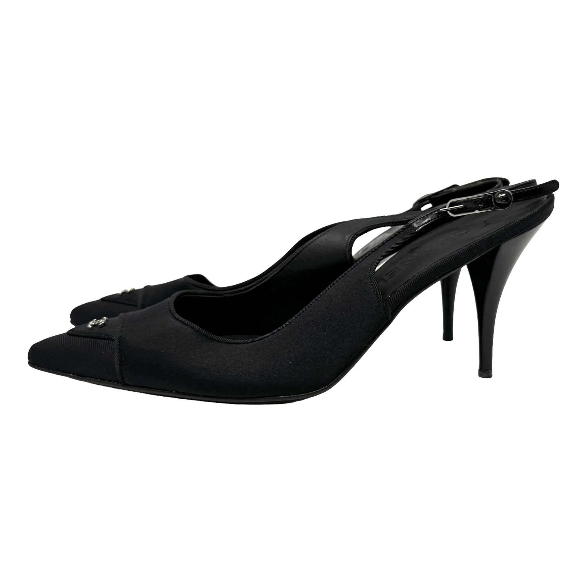 Chanel Black Satin Logo Heels - Image 2