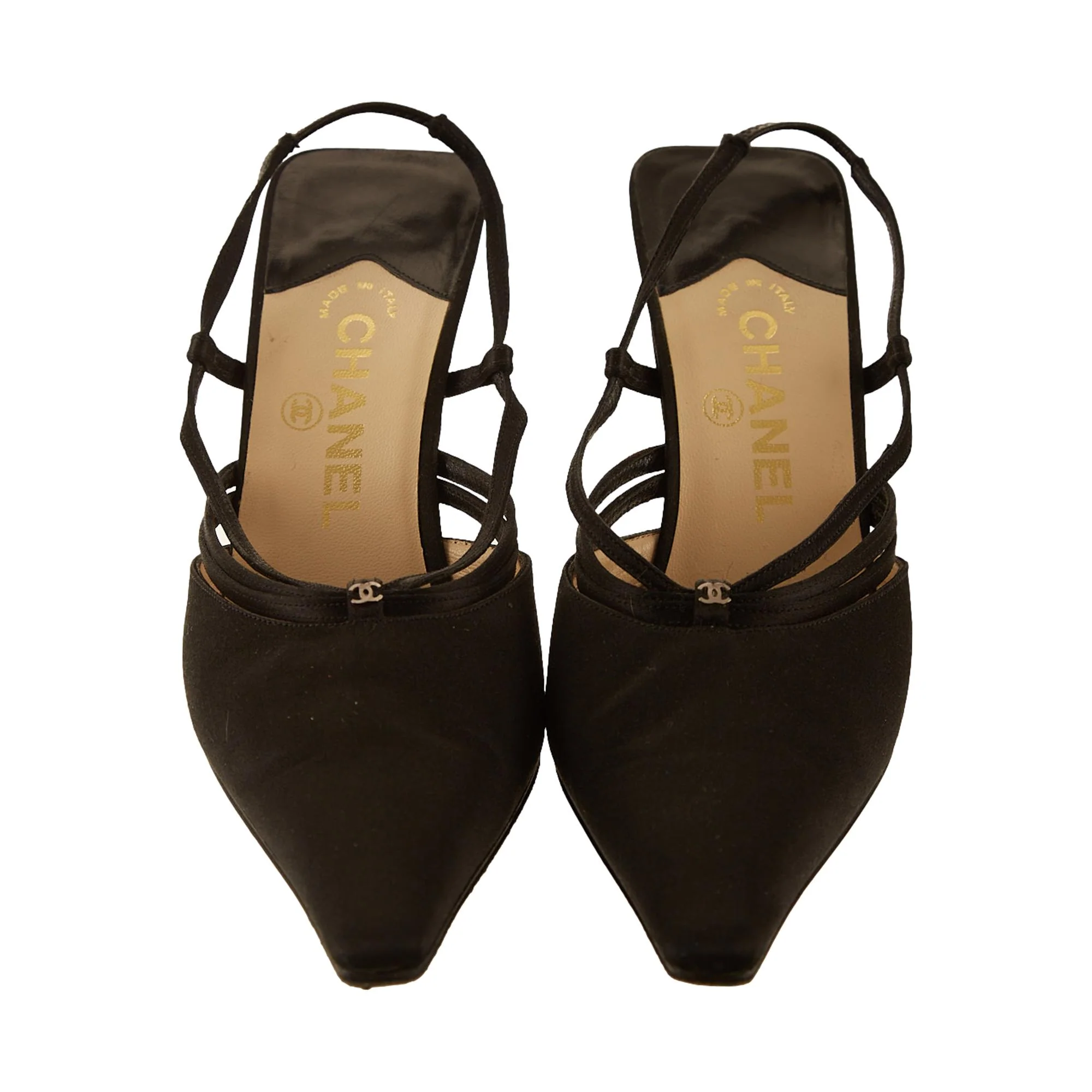 Chanel Black Satin Logo Slingback Heels