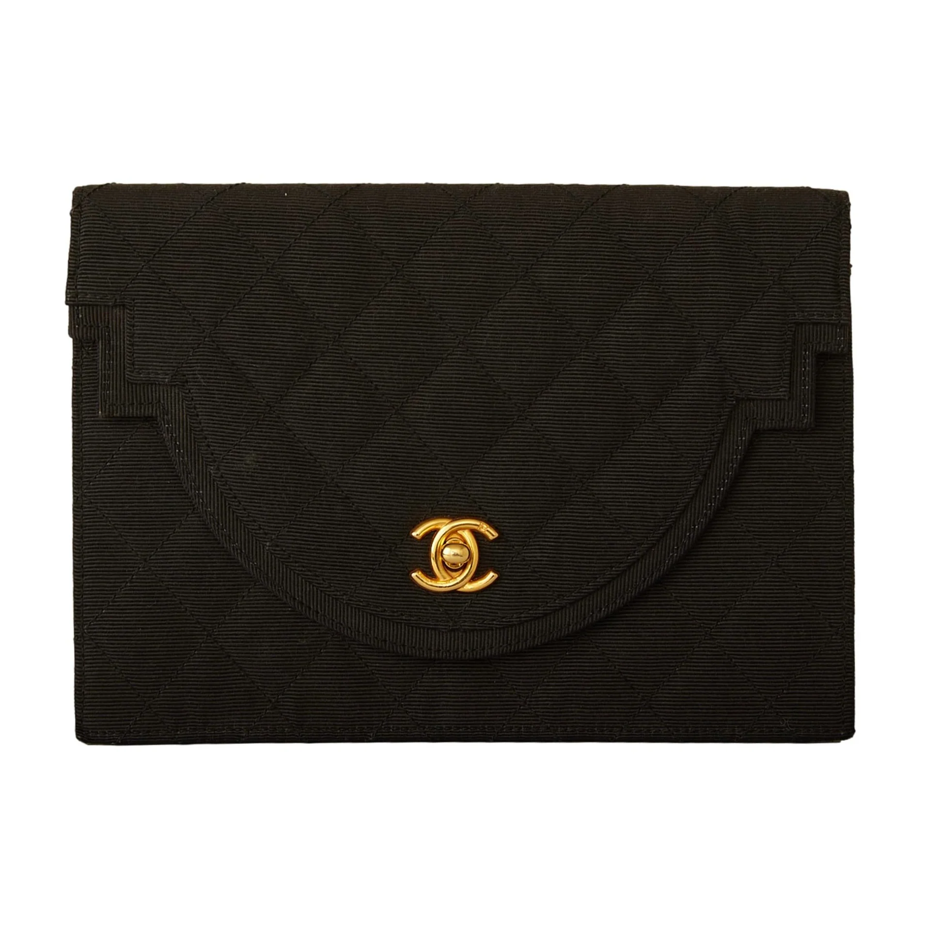 Chanel Black Satin Logo Structured Clutch