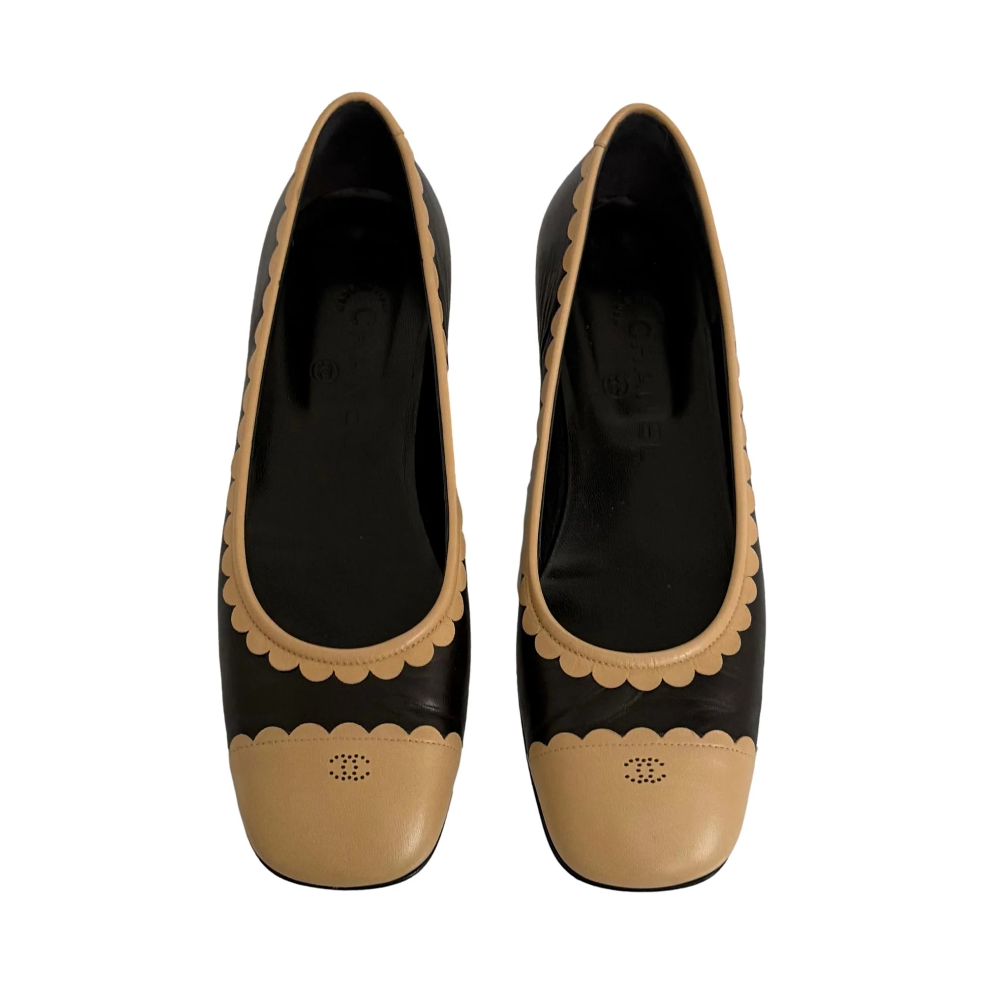 Chanel Black Scalloped Logo Kitten Heels