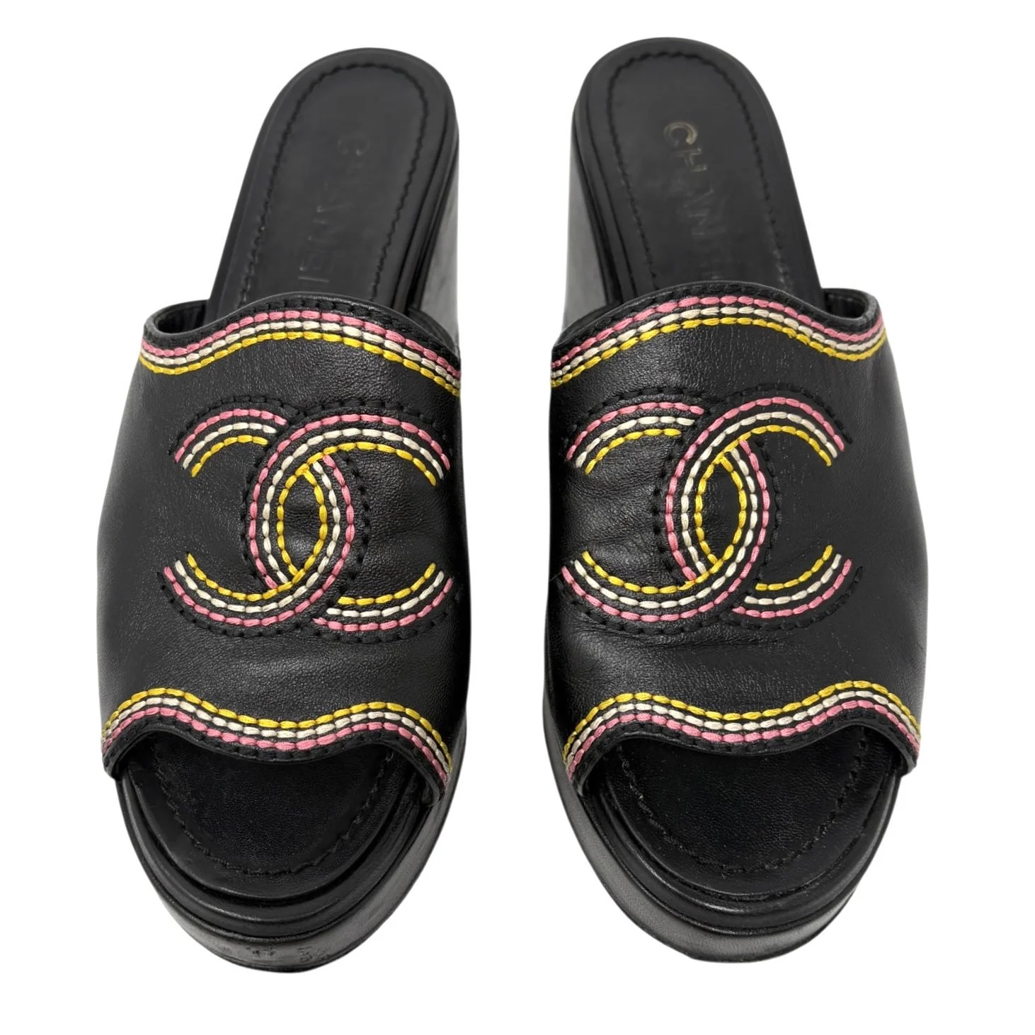 Chanel Black Stitched Logo Platform Sandals