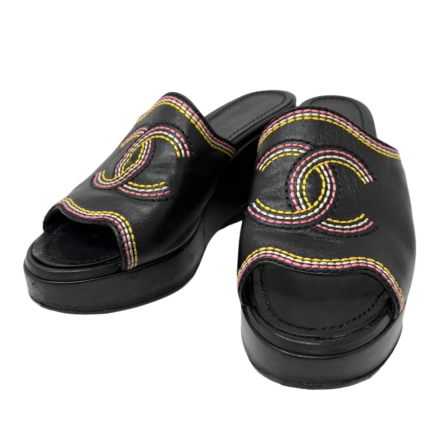 Chanel Black Stitched Logo Platform Sandals - Image 2