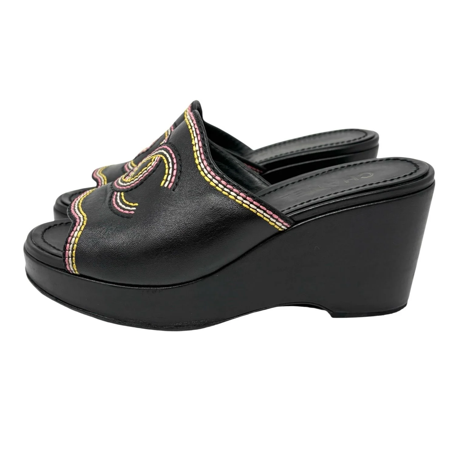 Chanel Black Stitched Logo Platform Sandals - Image 3