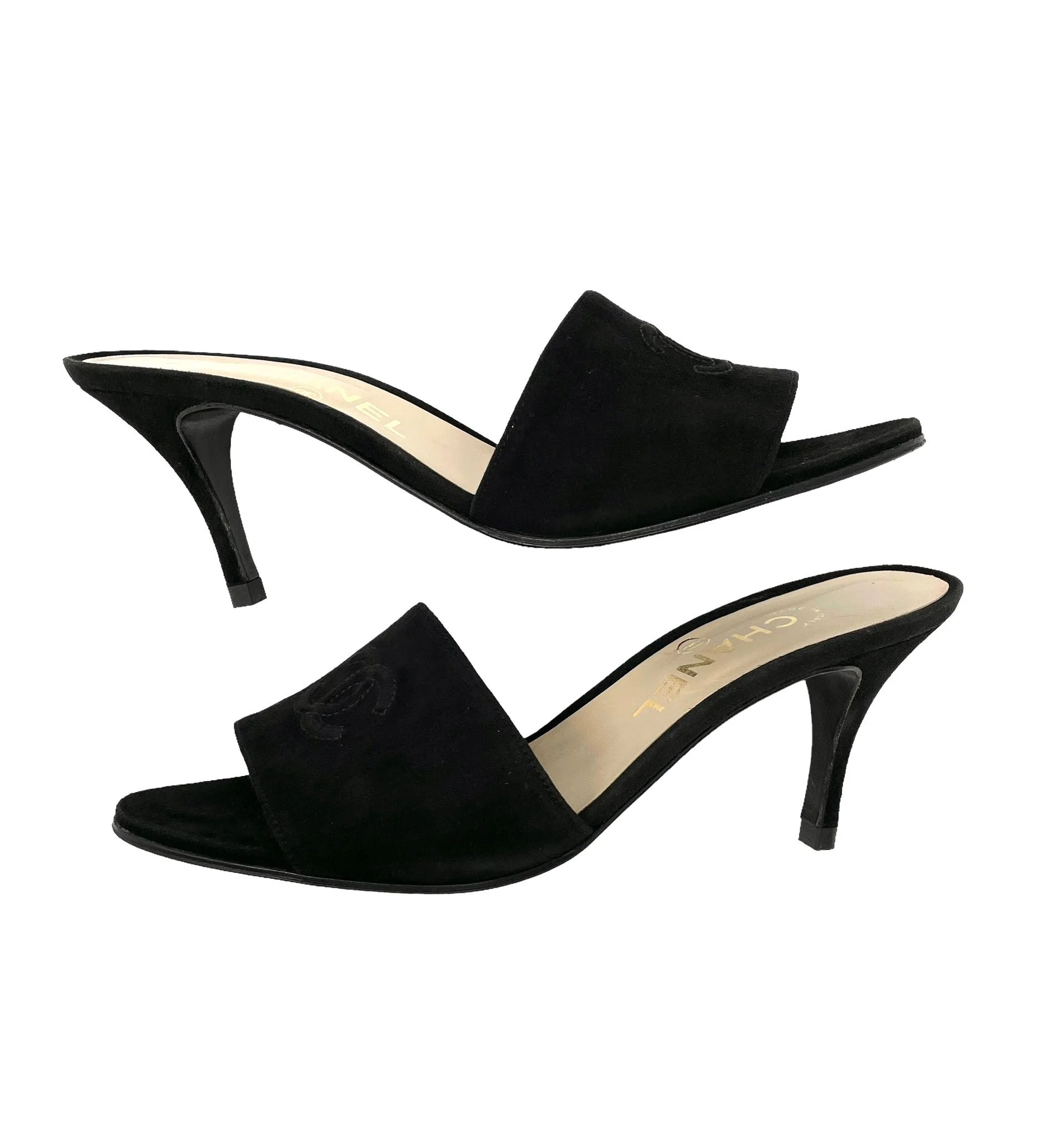 Chanel Black Suede Logo Heels - Image 2