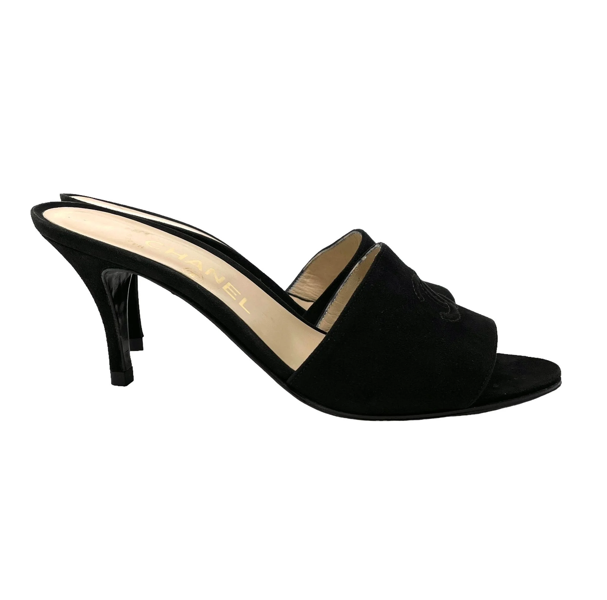 Chanel Black Suede Logo Heels - Image 3