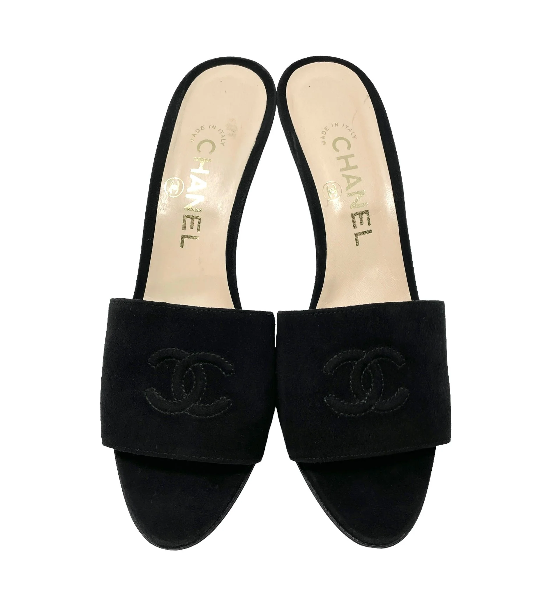 Chanel Black Suede Logo Heels - Image 3
