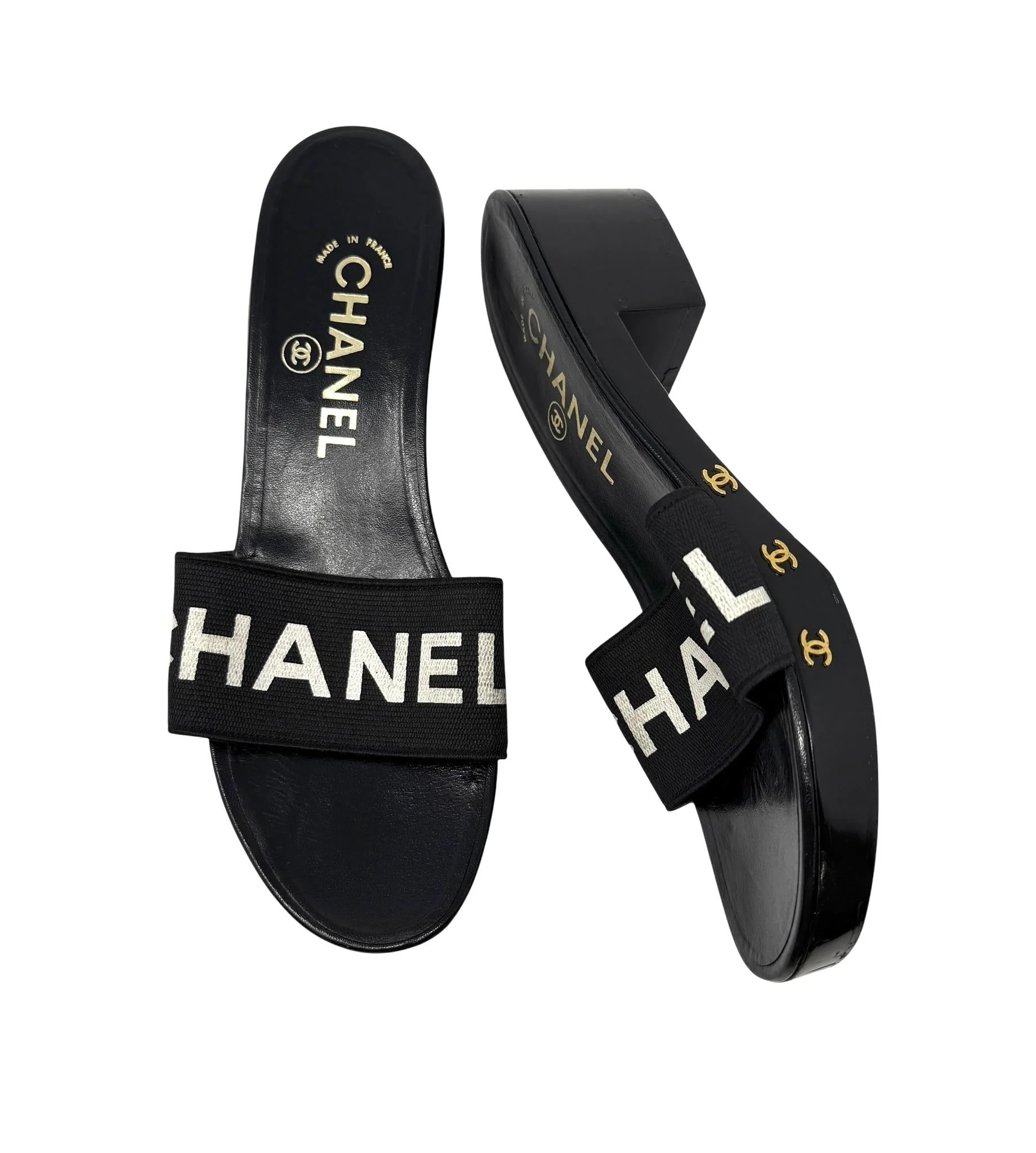 Chanel Black Woven Logo Platform Sandals