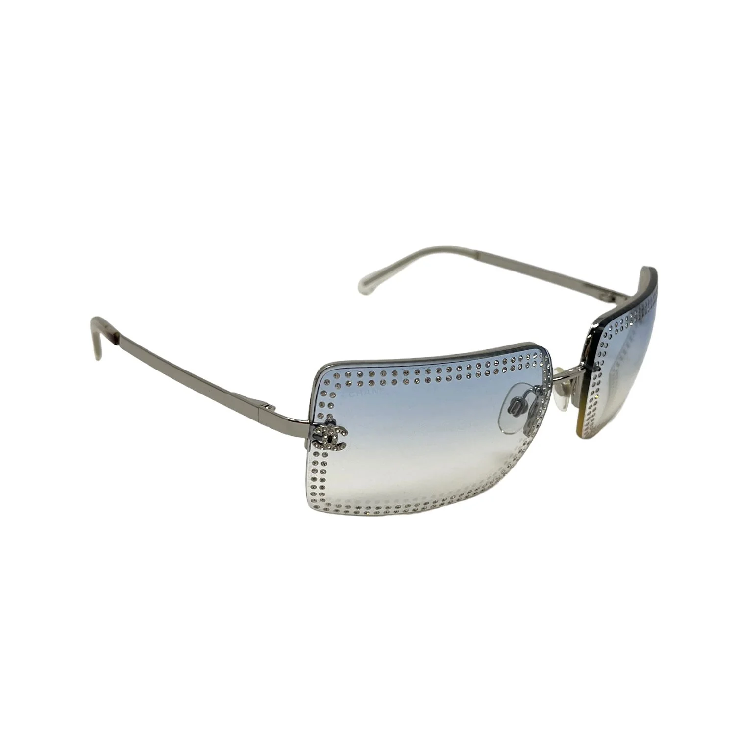 Chanel Blue Full Rhinestone Rimless Logo Sunglasses