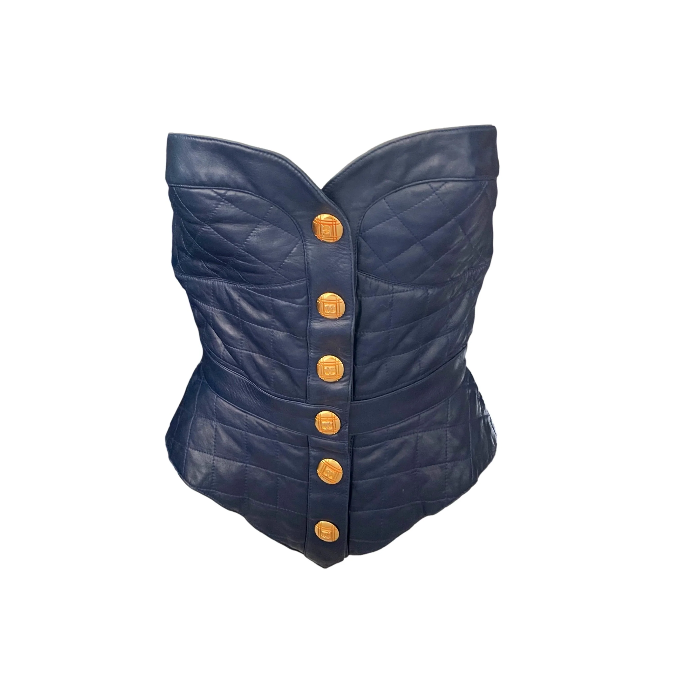 Chanel Blue Leather Logo Button Corset