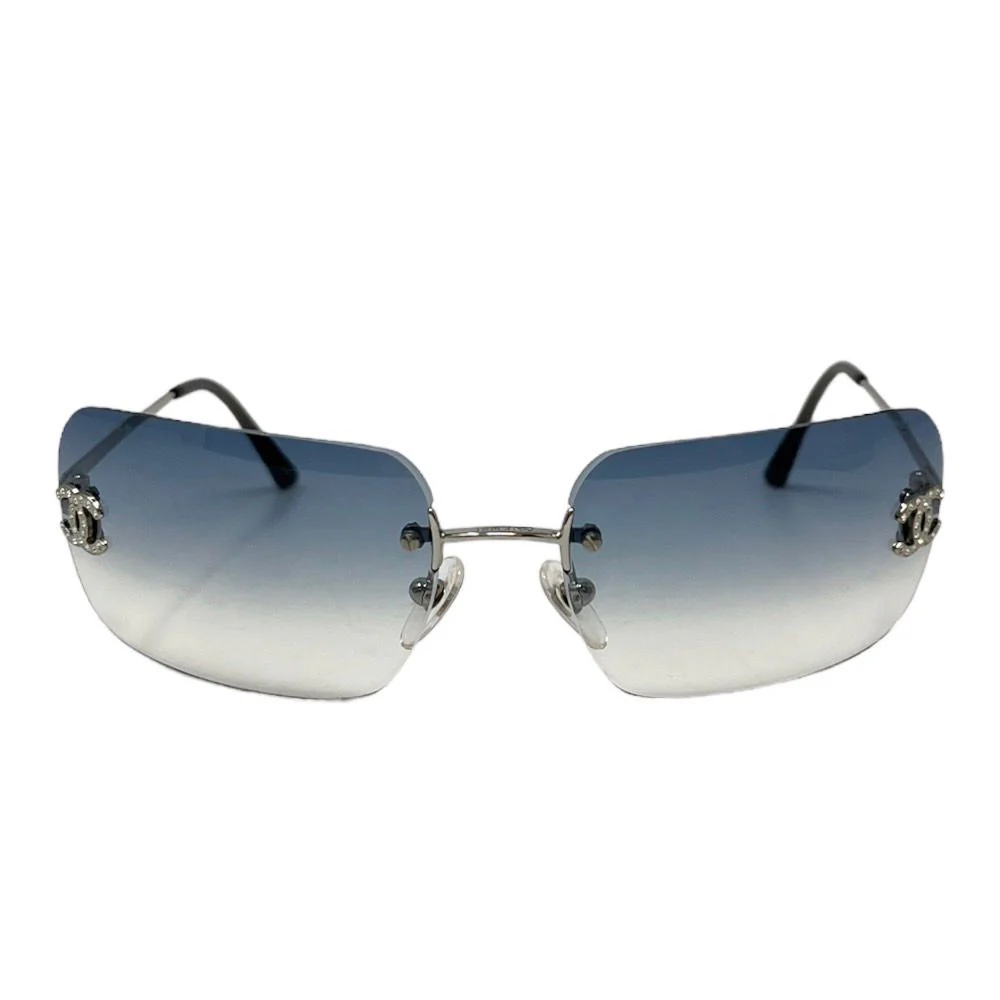 Chanel Blue Rhinestone Logo Rimless Sunglasses - Image 2