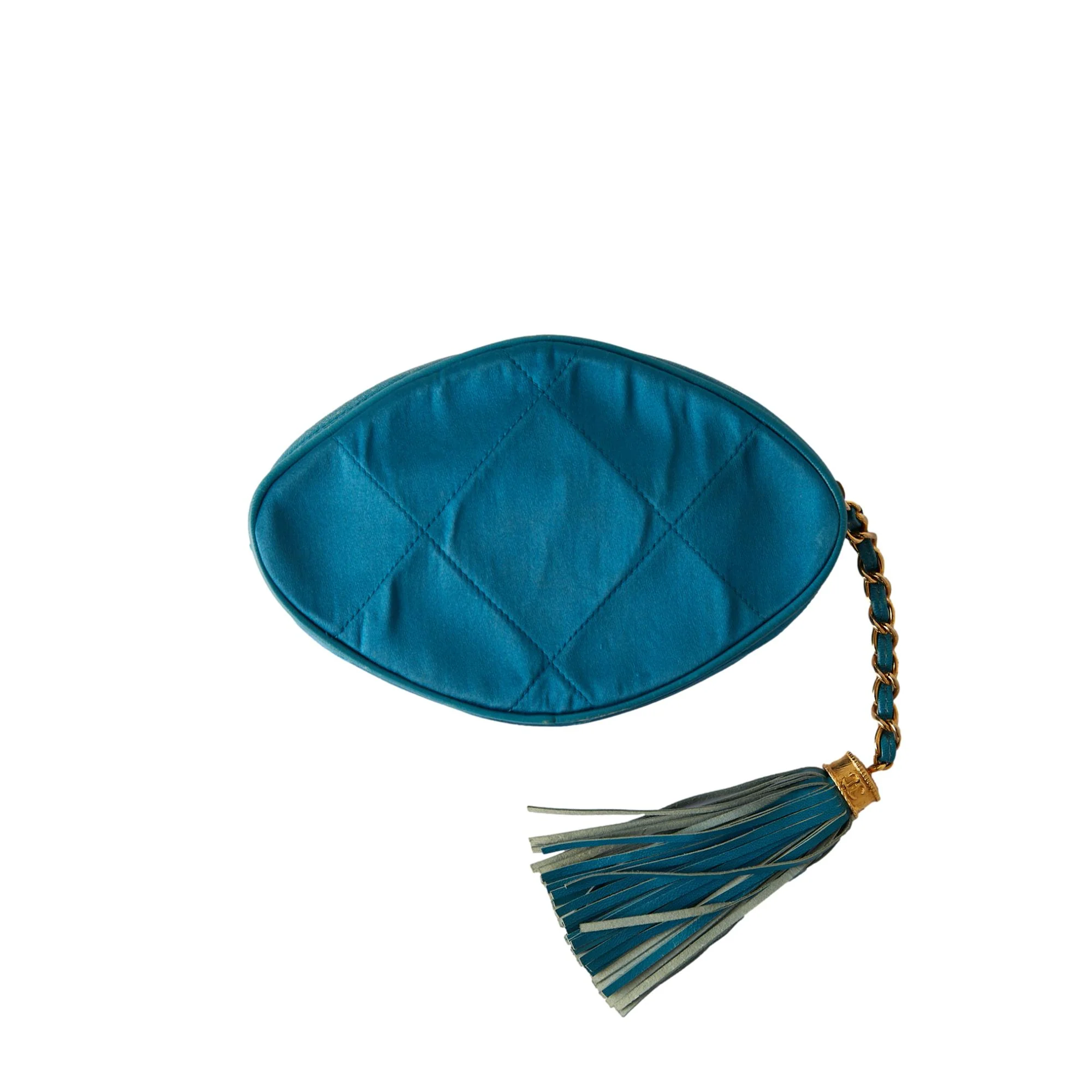 Chanel Blue Satin Logo Tassel Clutch - Image 2