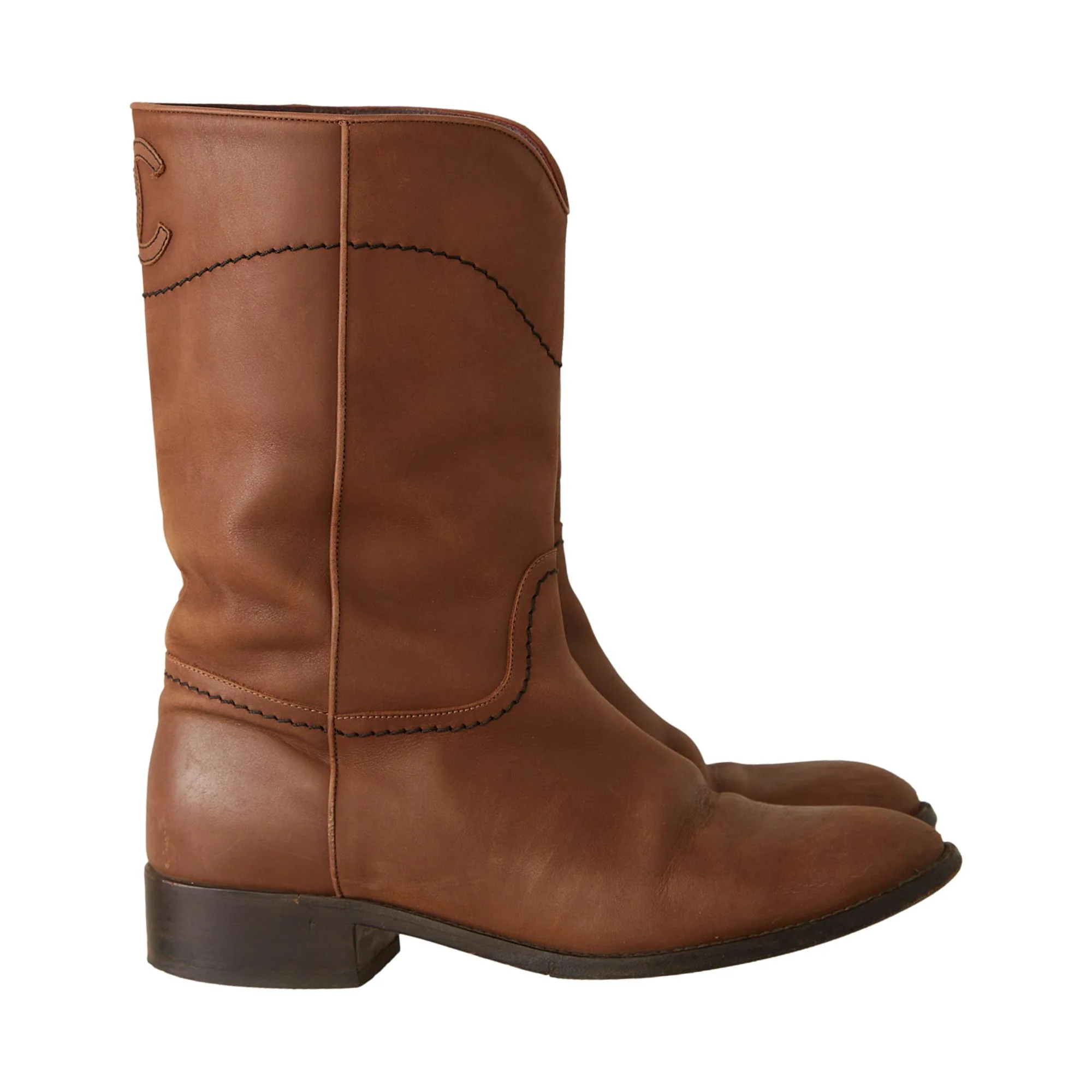 Chanel Brown Leather Logo Boots - Image 4