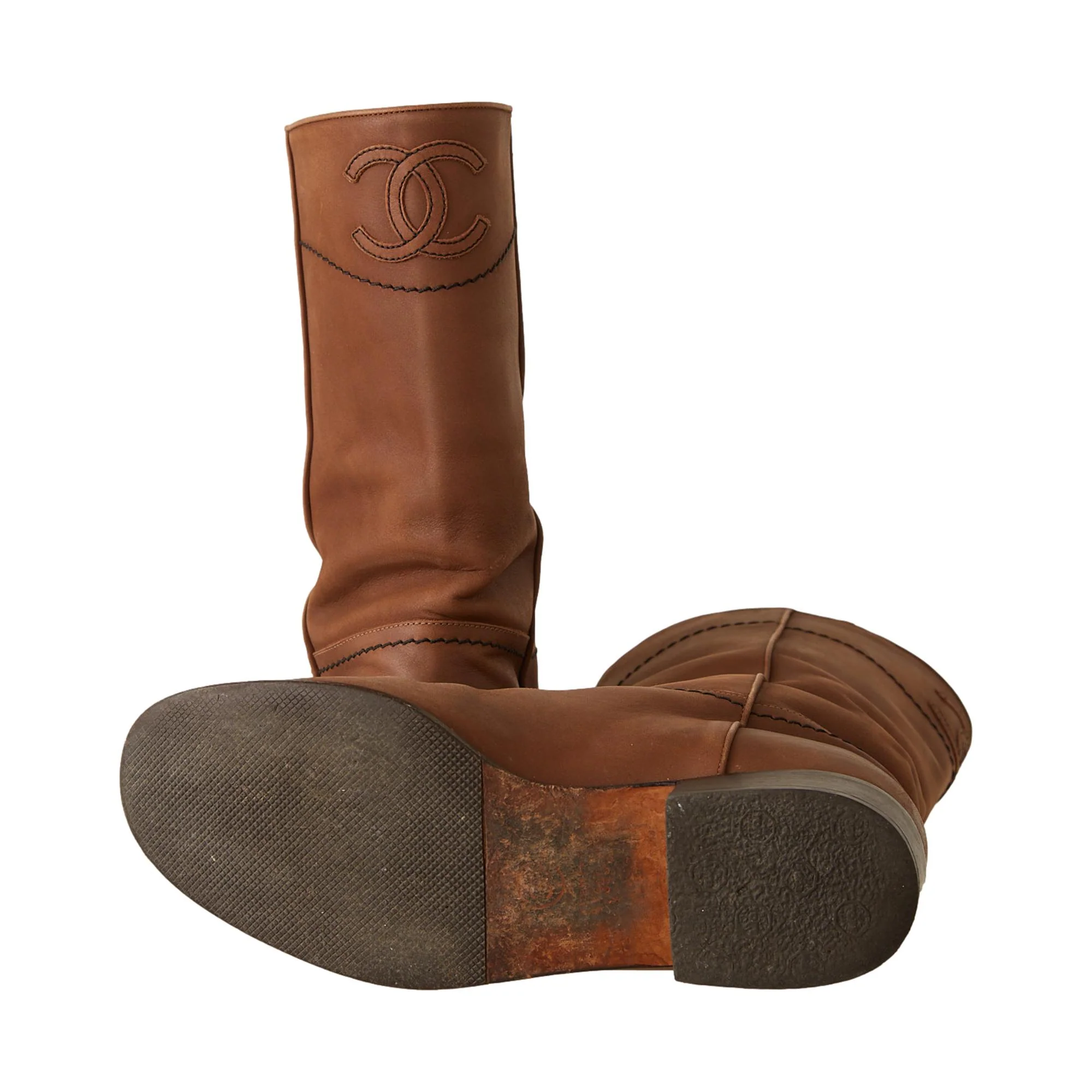 Chanel Brown Leather Logo Boots - Image 5