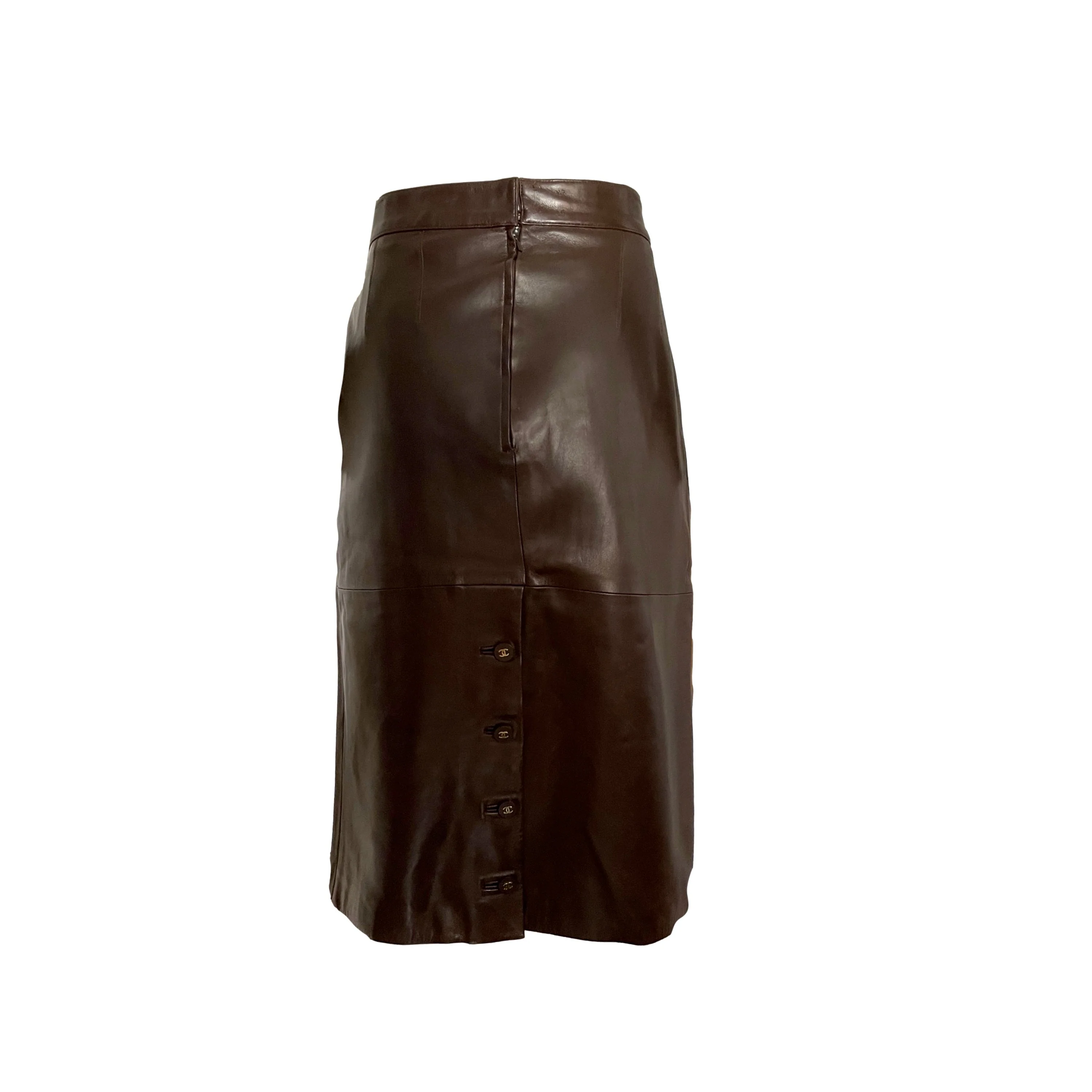 Chanel Brown Leather Logo Button Skirt - Image 2