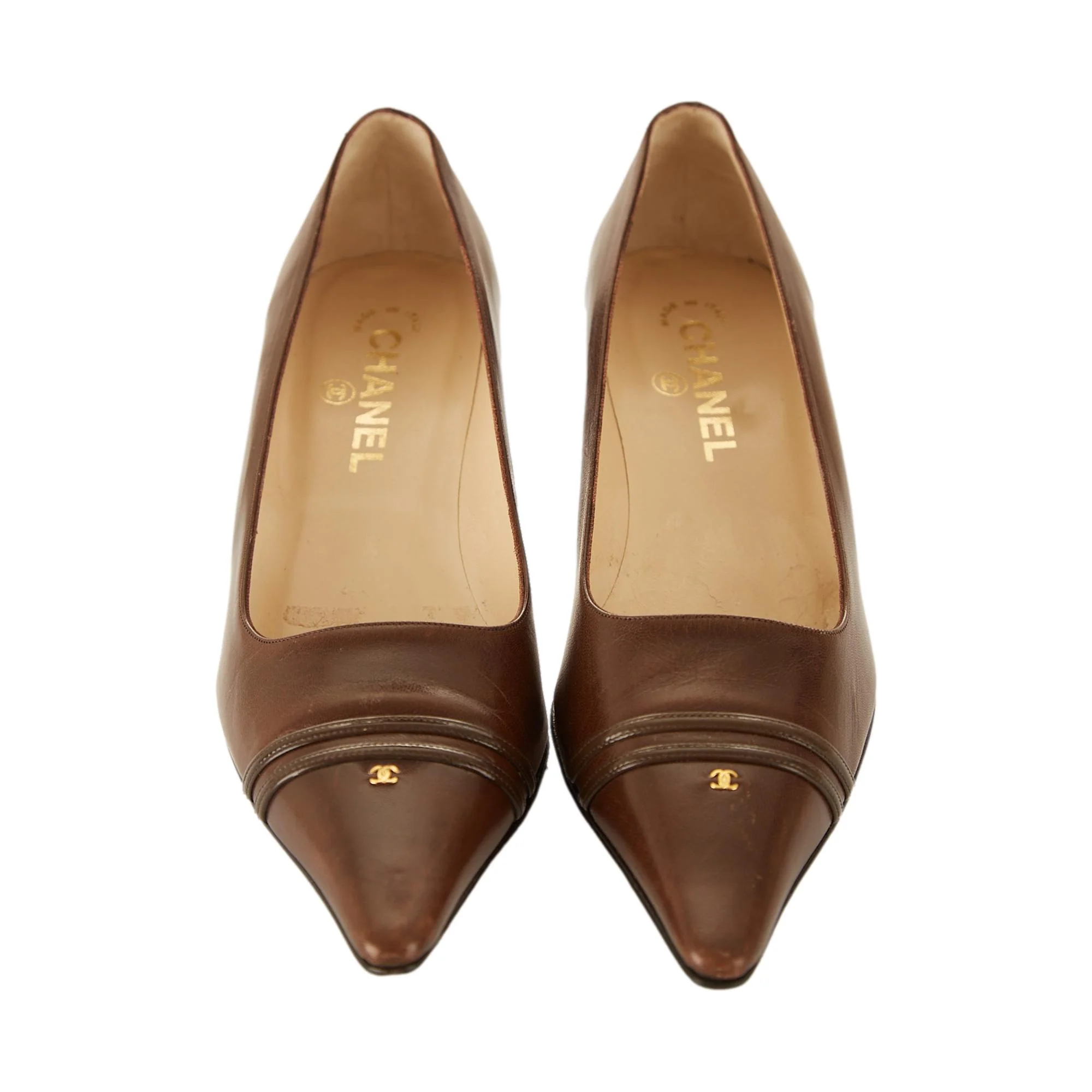 Chanel Brown Leather Logo Heels - Image 2