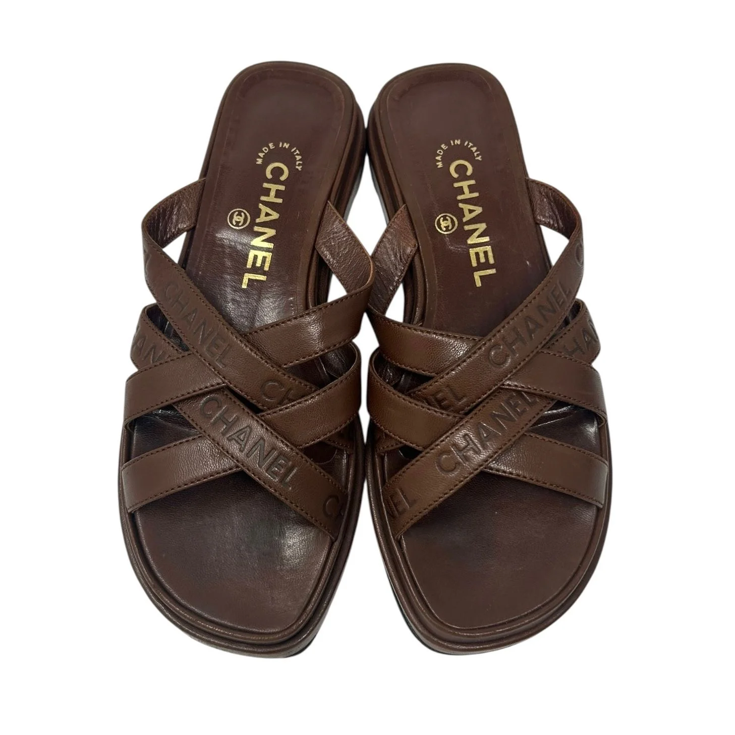 Chanel Brown Leather Logo Sandals - Image 2