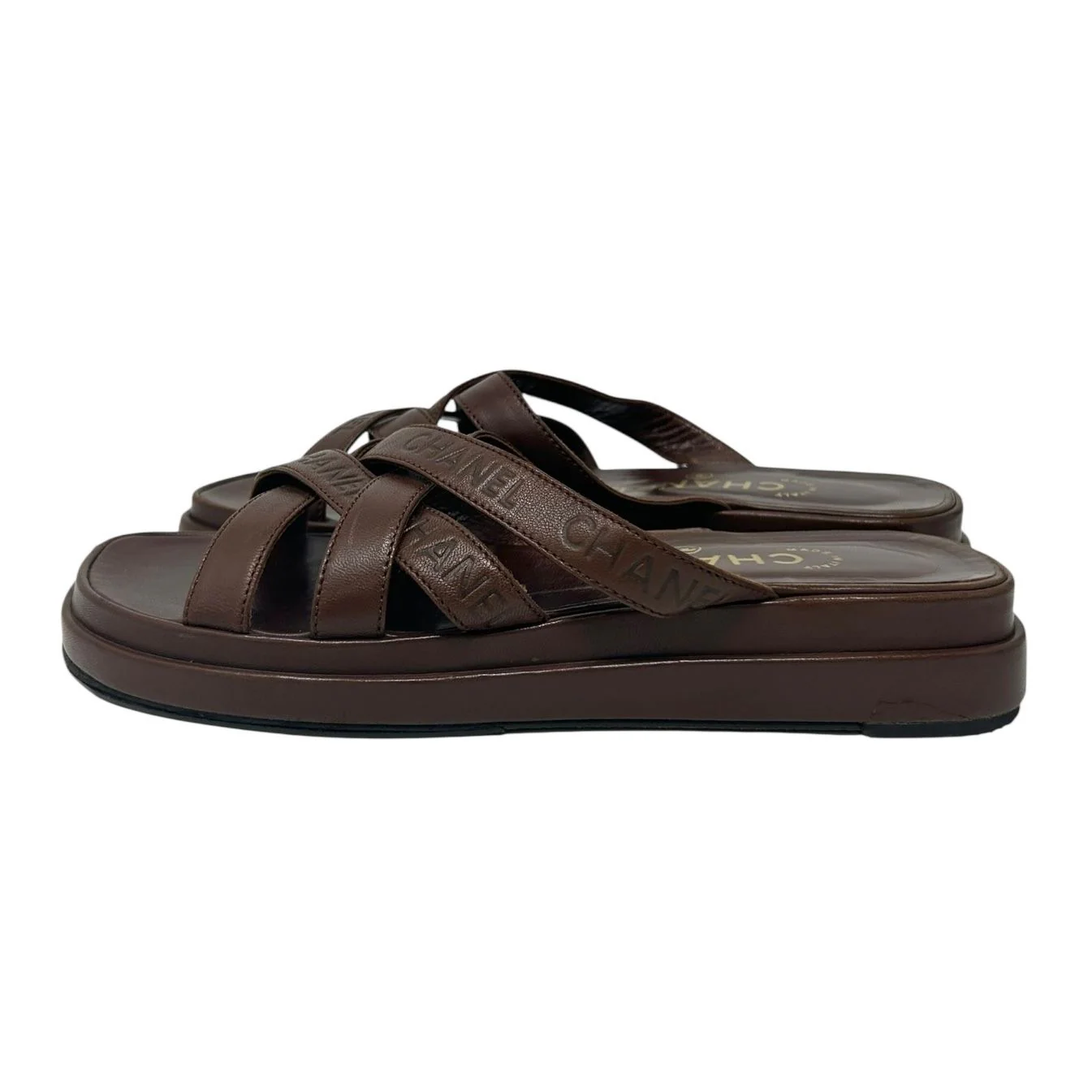 Chanel Brown Leather Logo Sandals - Image 3
