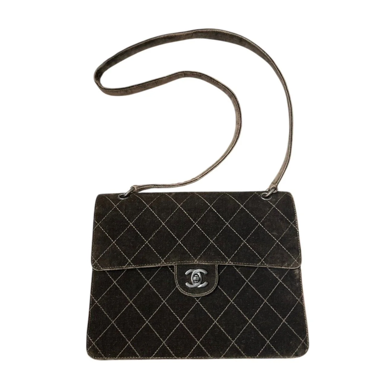 Chanel Brown Velvet Quilted Shoulder Bag