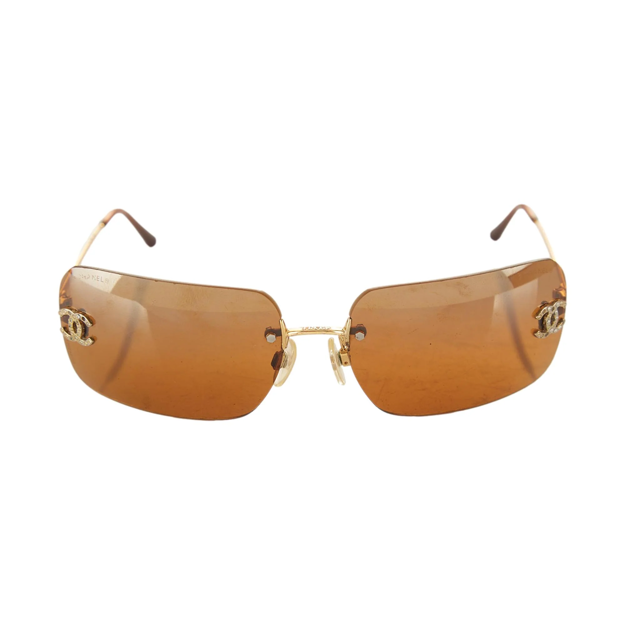 Chanel Brown Rhinestone Logo Rimless Sunglasses - Image 2