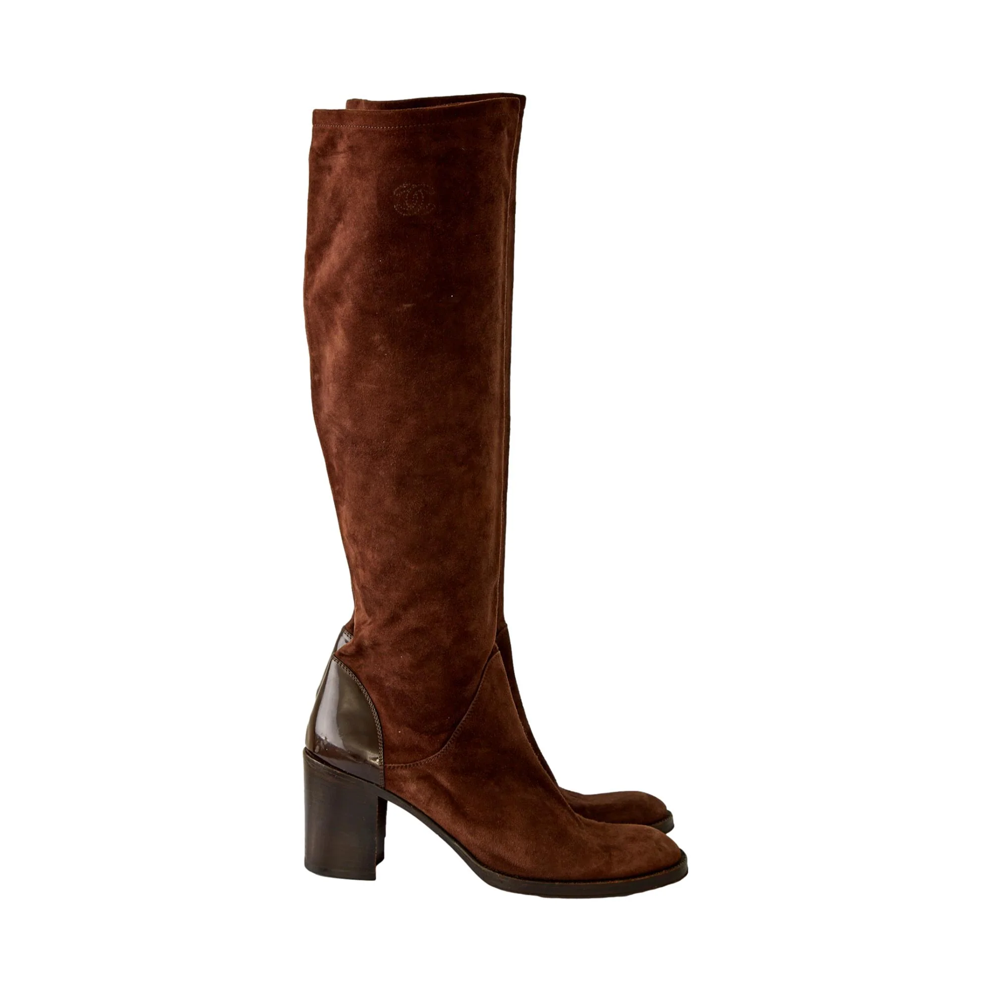 Chanel Brown Suede Knee High Logo Boots - Image 3