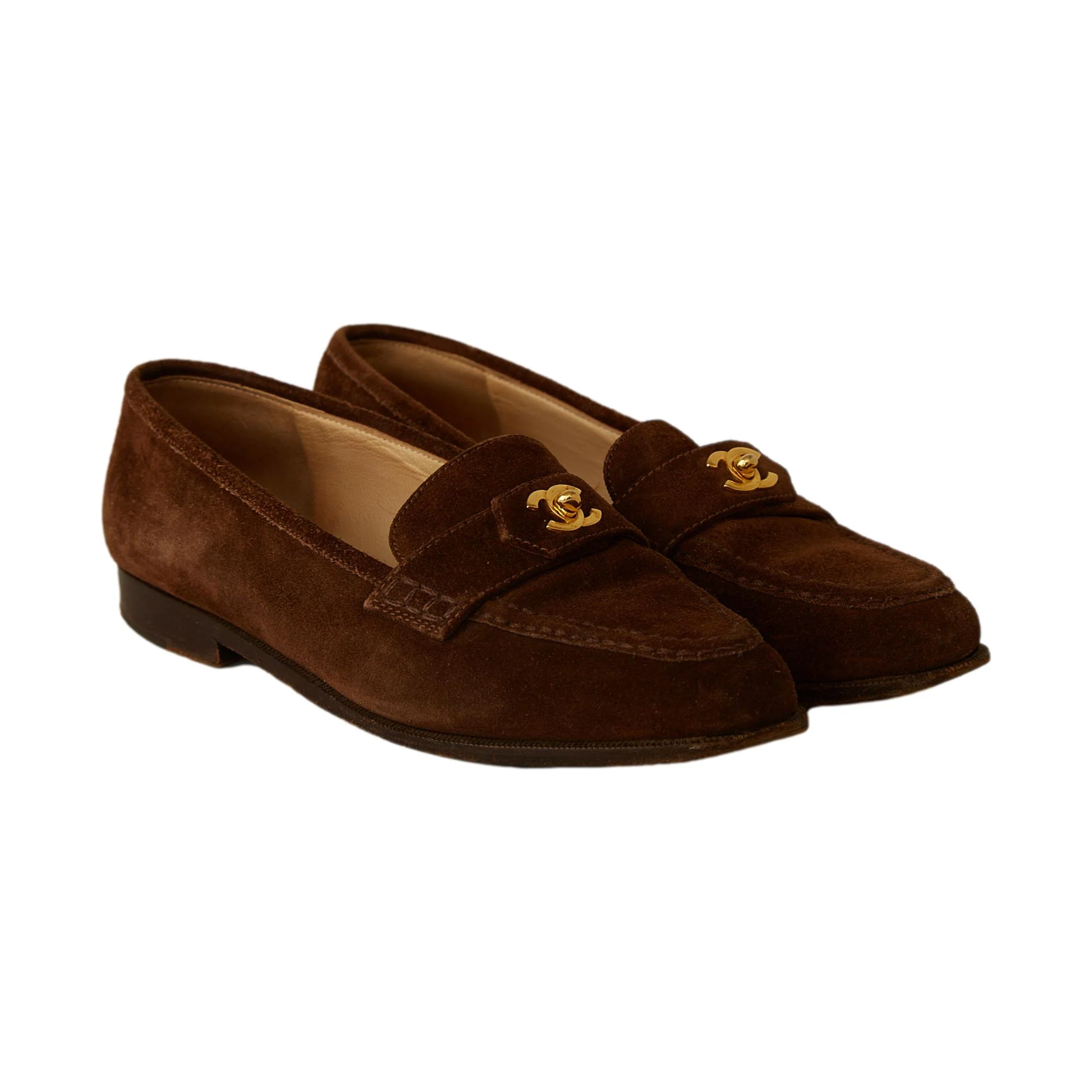 Chanel Brown Suede Turnlock Loafers