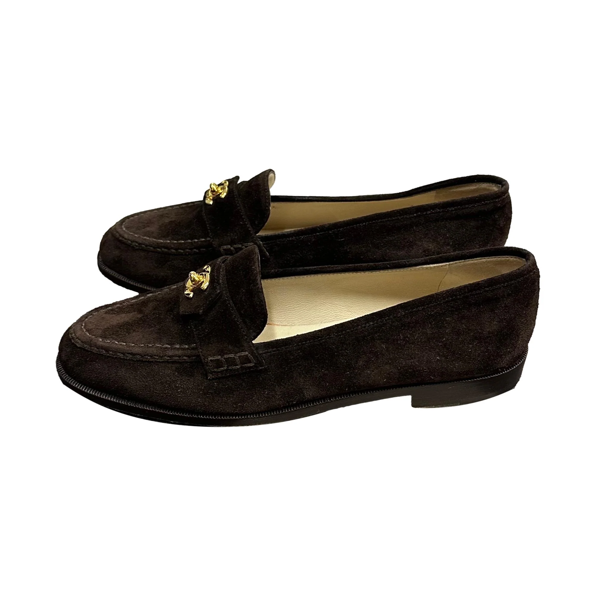 Chanel Brown Suede Turnlock Loafers - Image 2