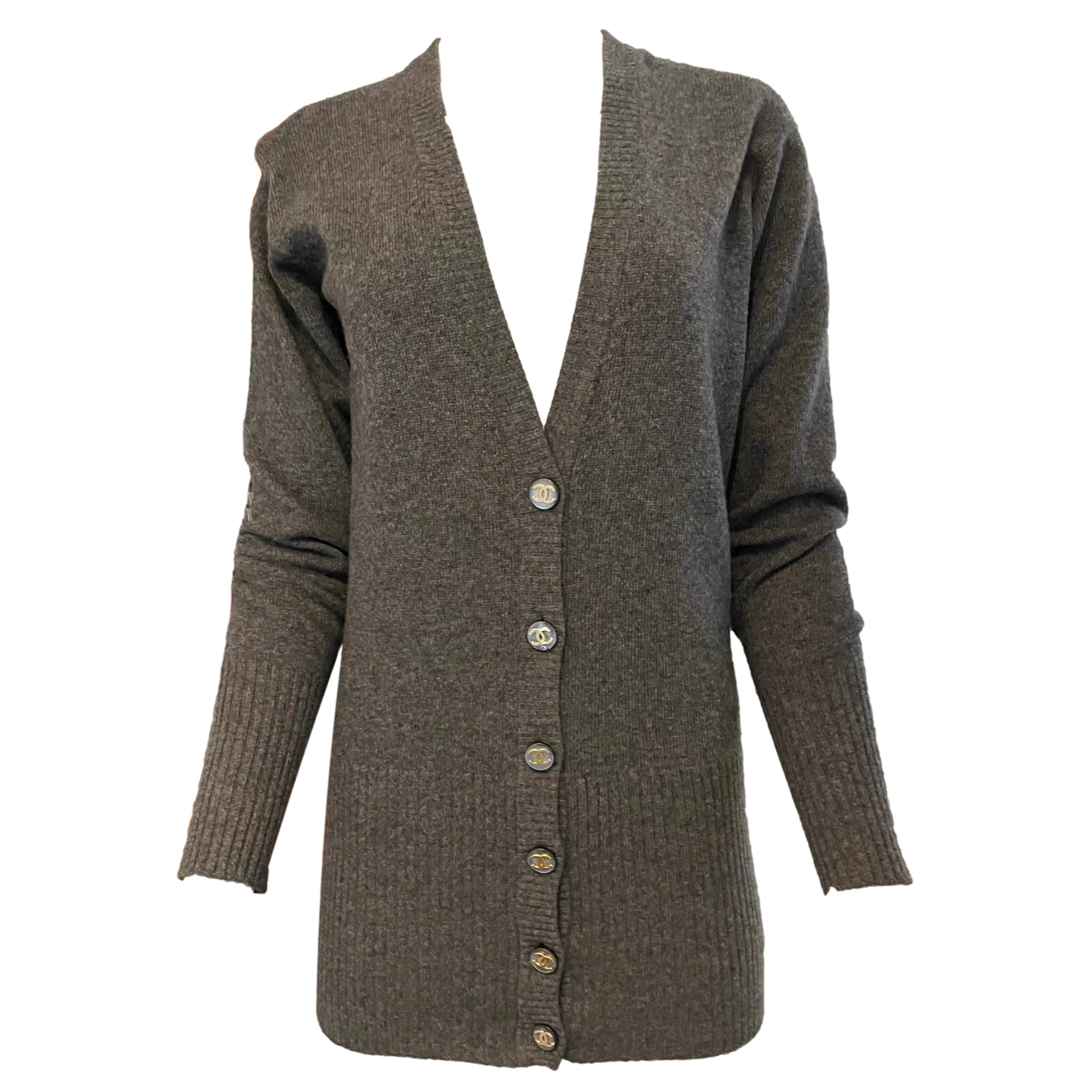 Chanel Cashmere Grey Logo Button Cardigan