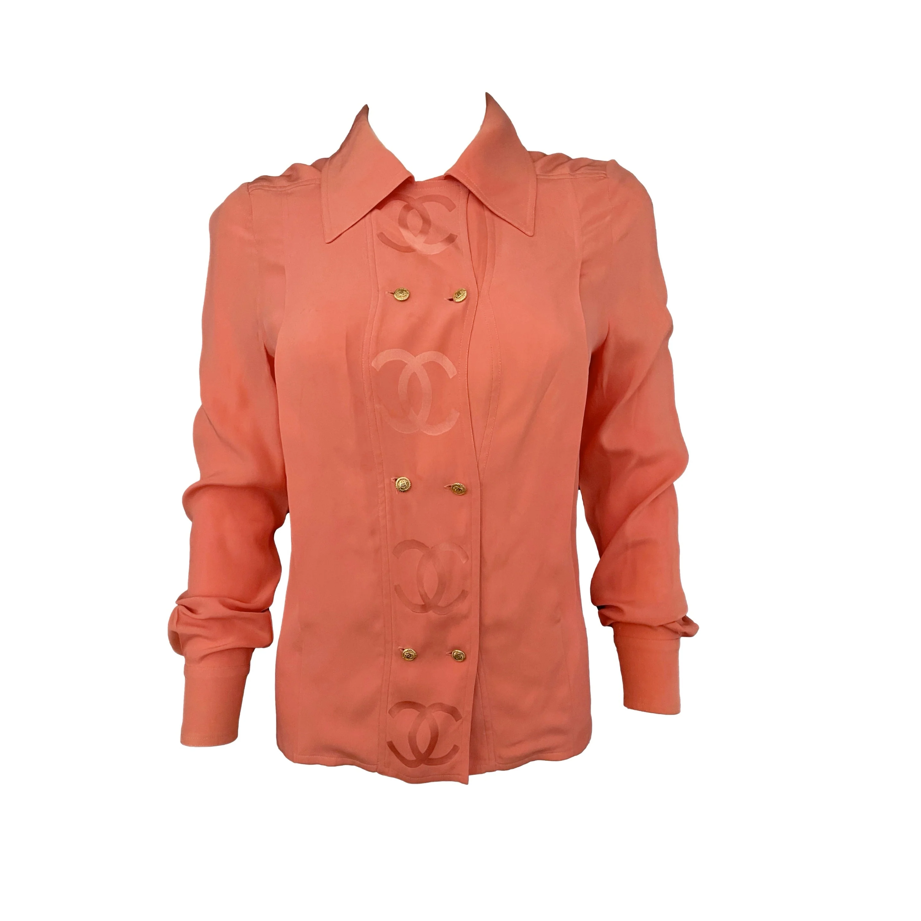 Chanel Coral Logo Silk Button Down