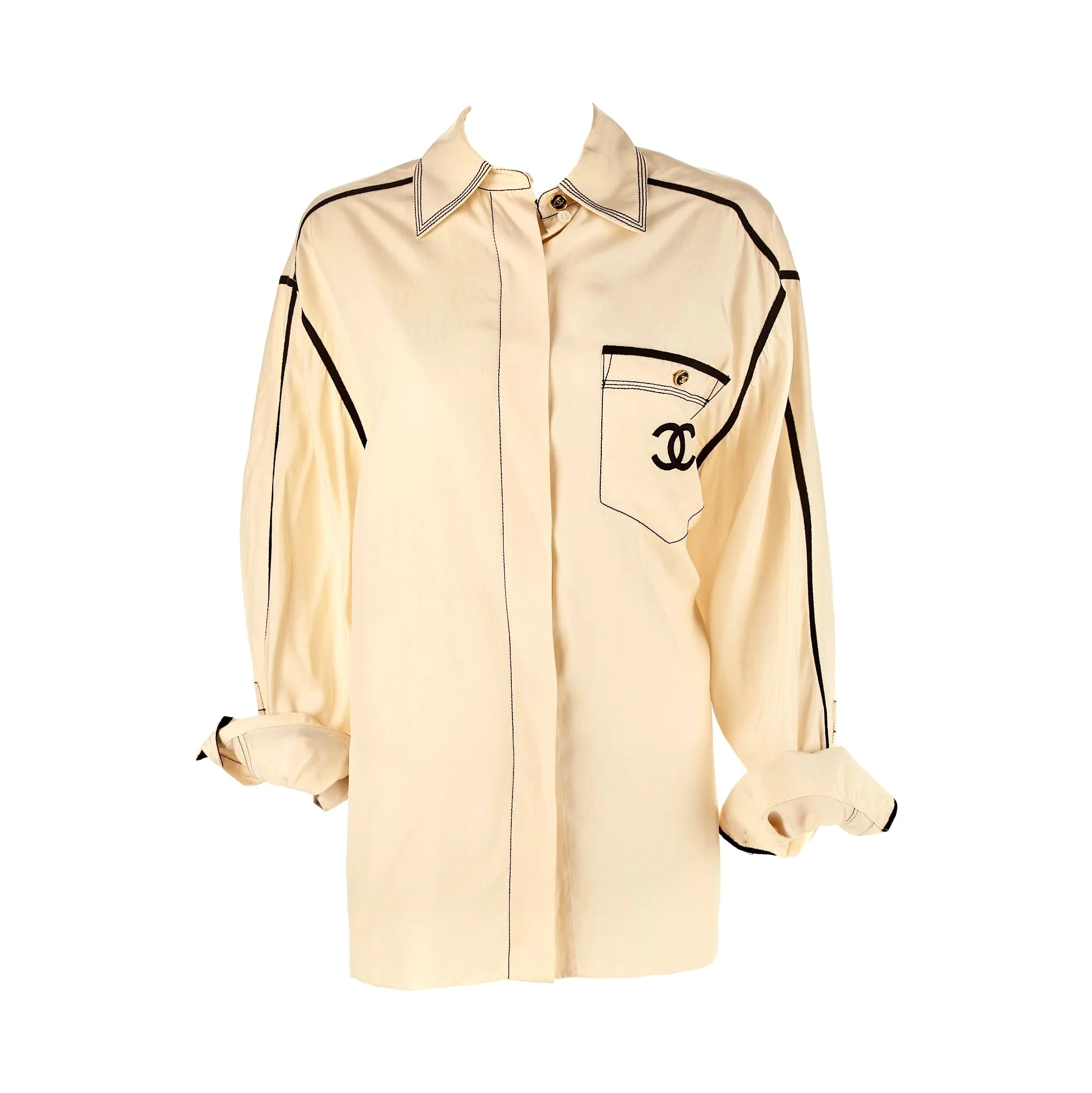 Chanel Cream Embroidered Logo Button Down