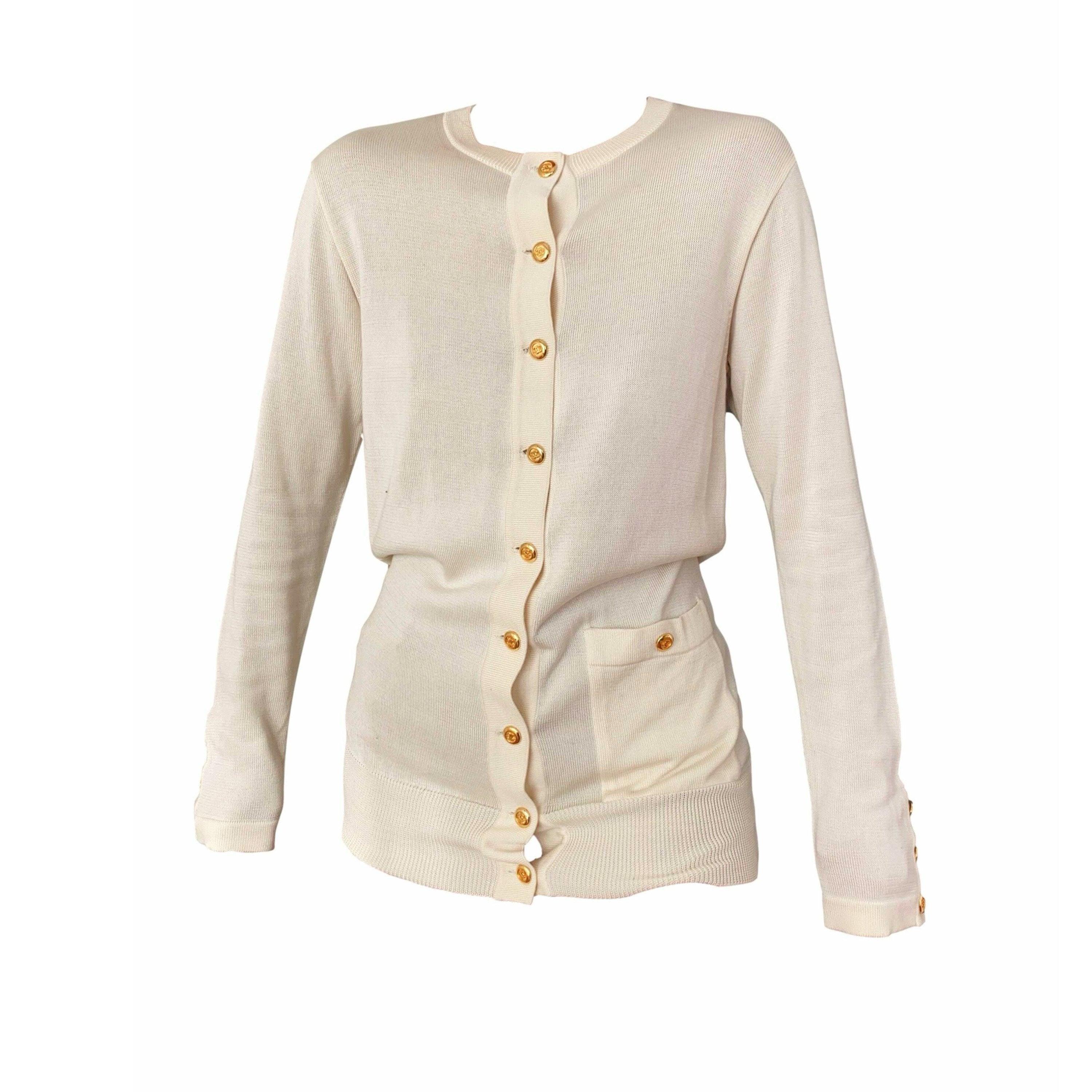 Chanel Cream Logo Button Cardigan