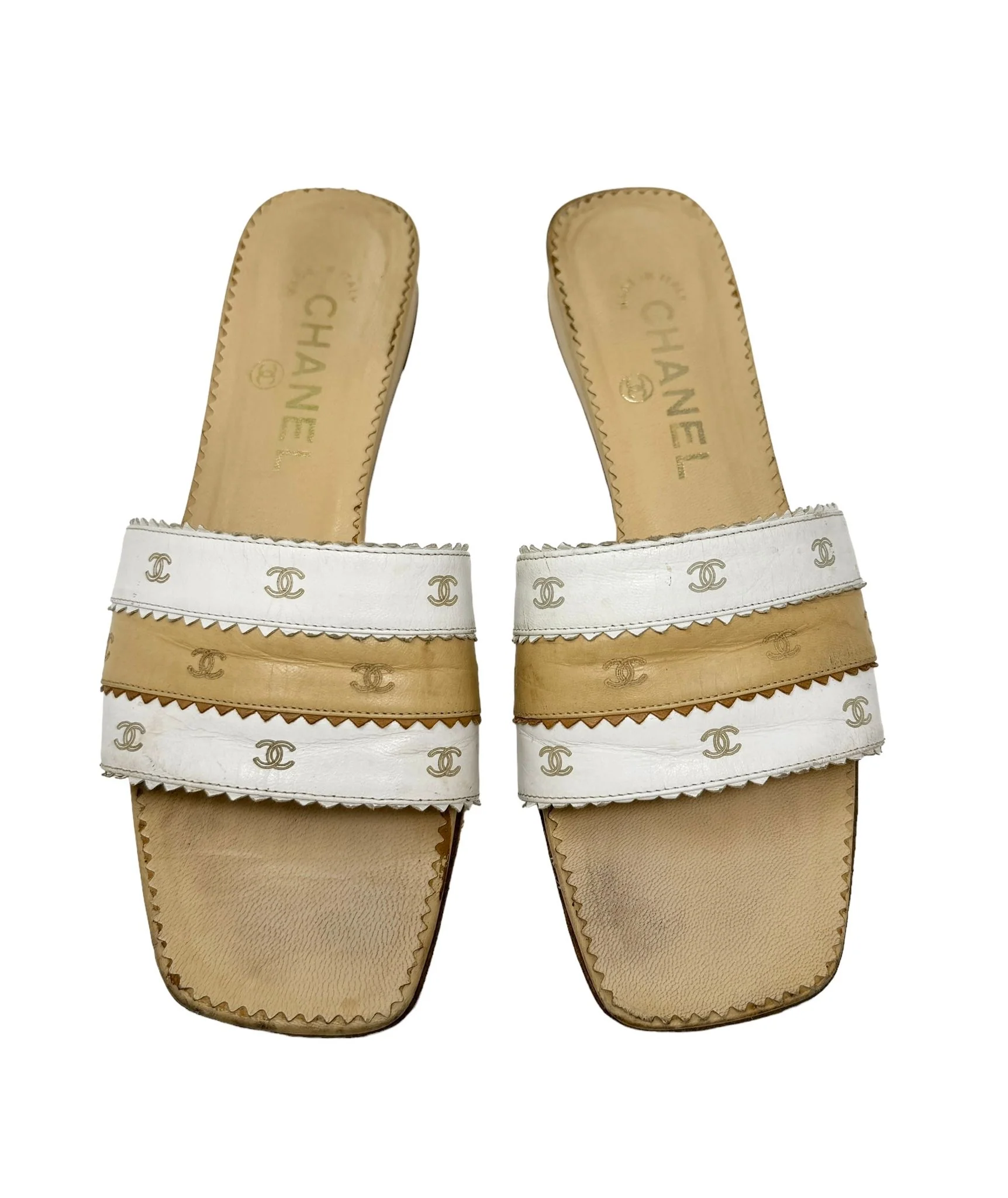 Chanel Cream + Tan Leather Logo Sandals - Image 2