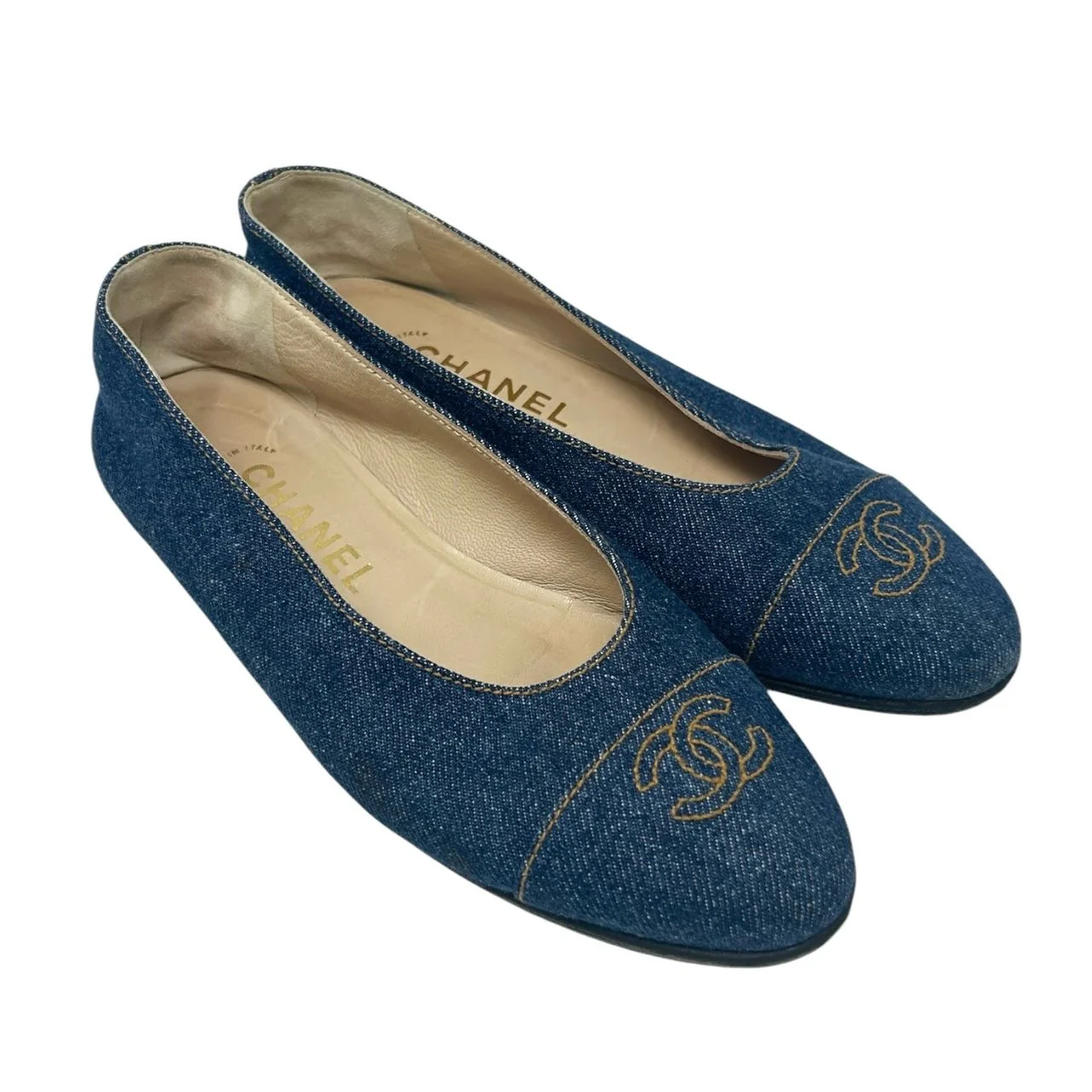 Chanel Denim Embroidered Logo Flats - Image 2