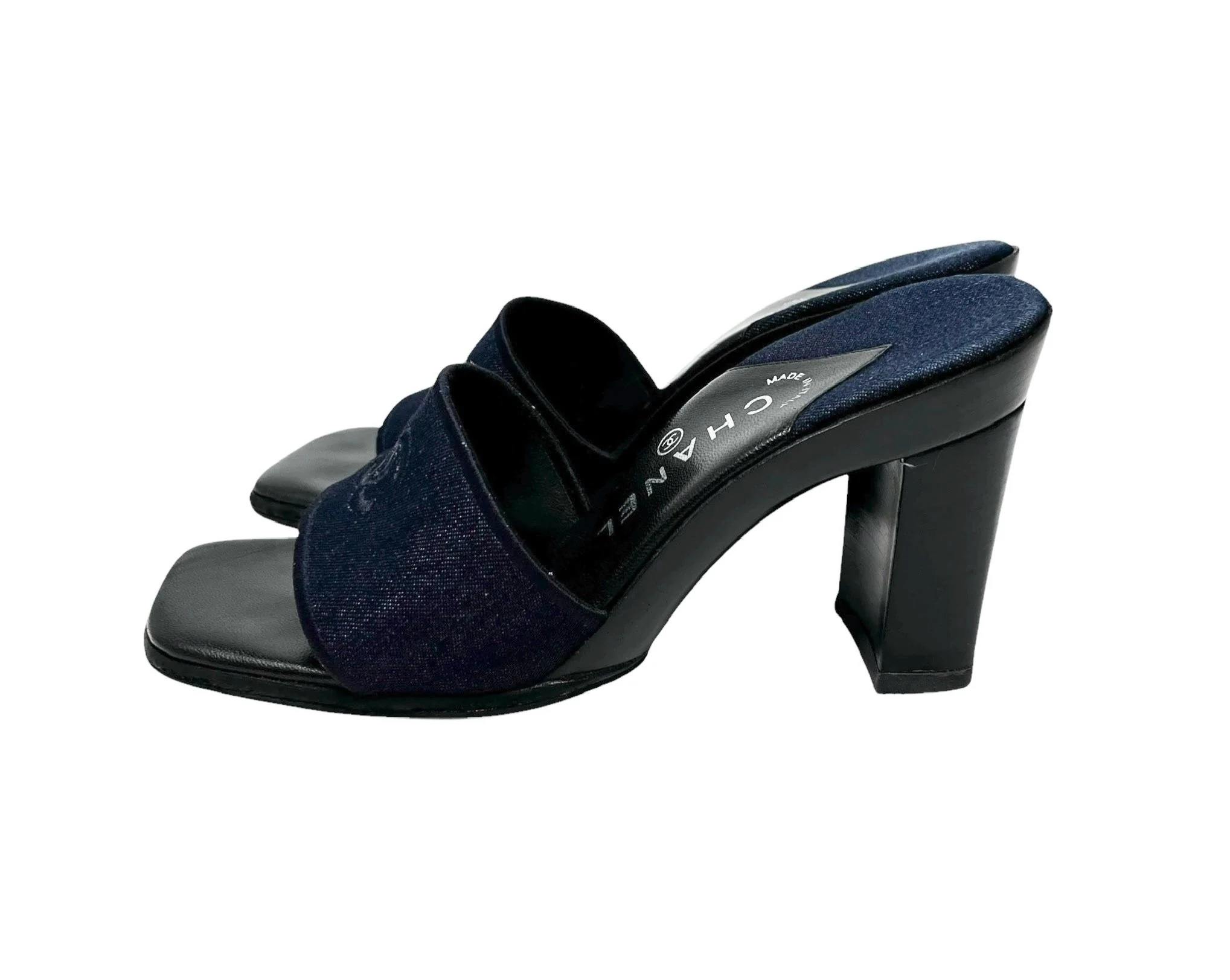 Chanel Denim Logo Block Heels