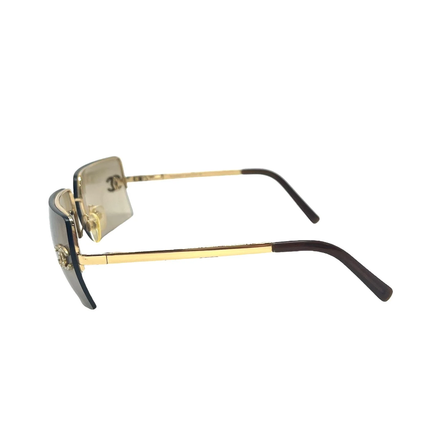 Chanel Rhinestone Gold + Brown Rimless Logo Sunglasses - Image 3