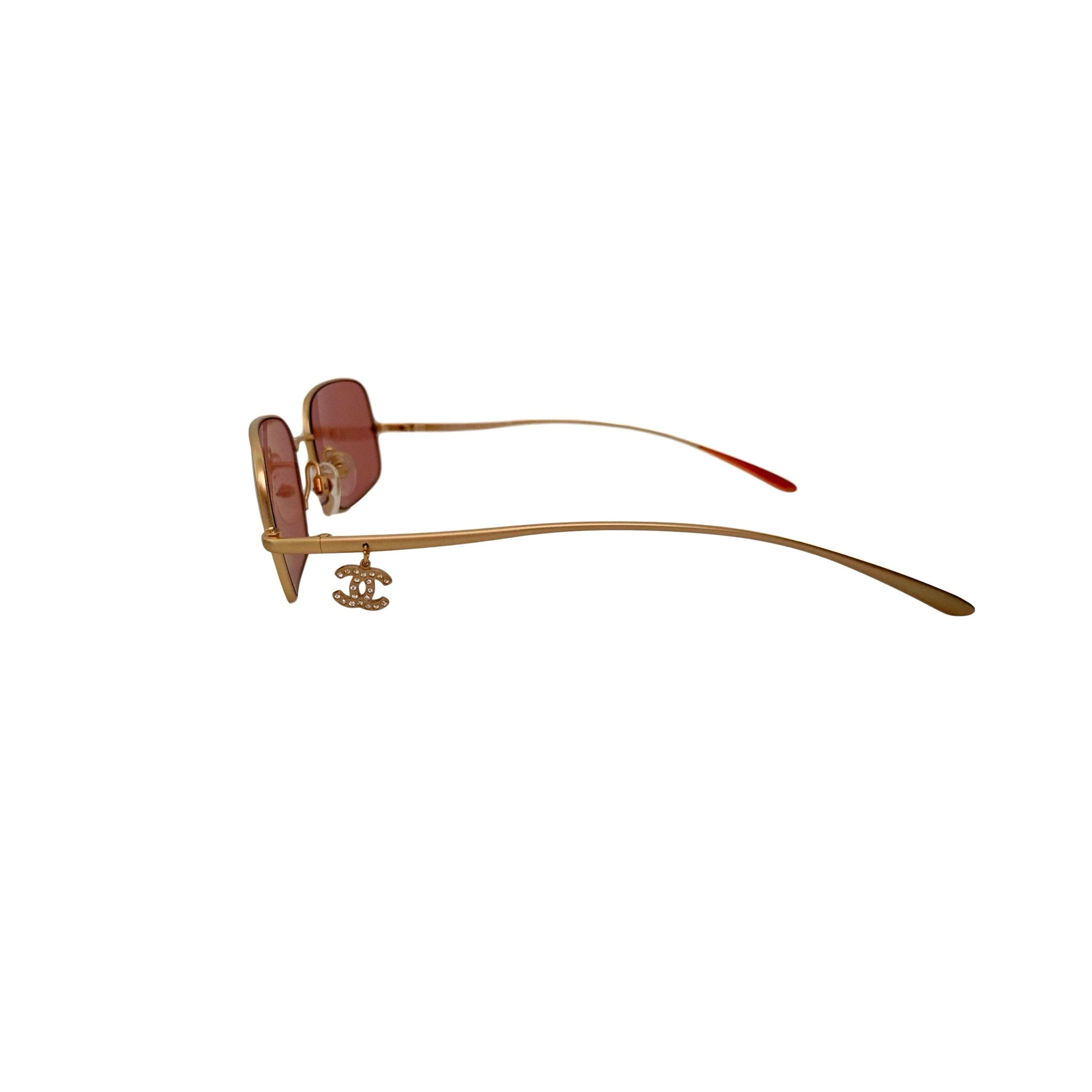 Chanel Gold Rhinestone Dangle Logo Sunglasses