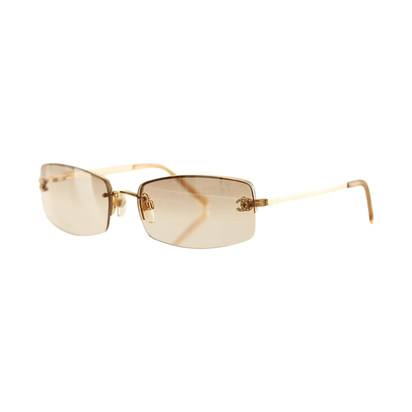 Chanel Gold Rhinestone Logo Rimless Mini Sunglasses
