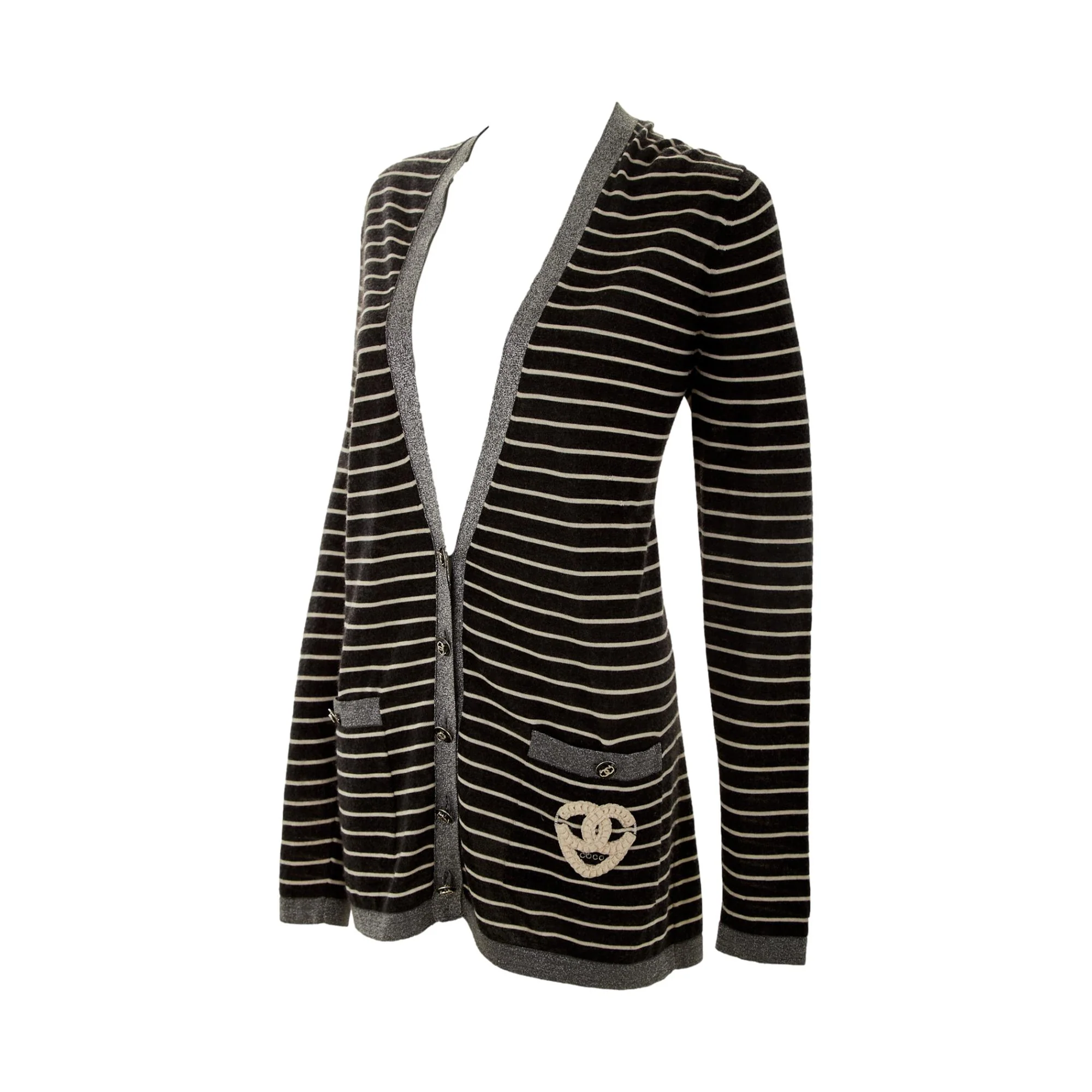 Chanel Gray Striped Heart Logo Cardigan - Image 2
