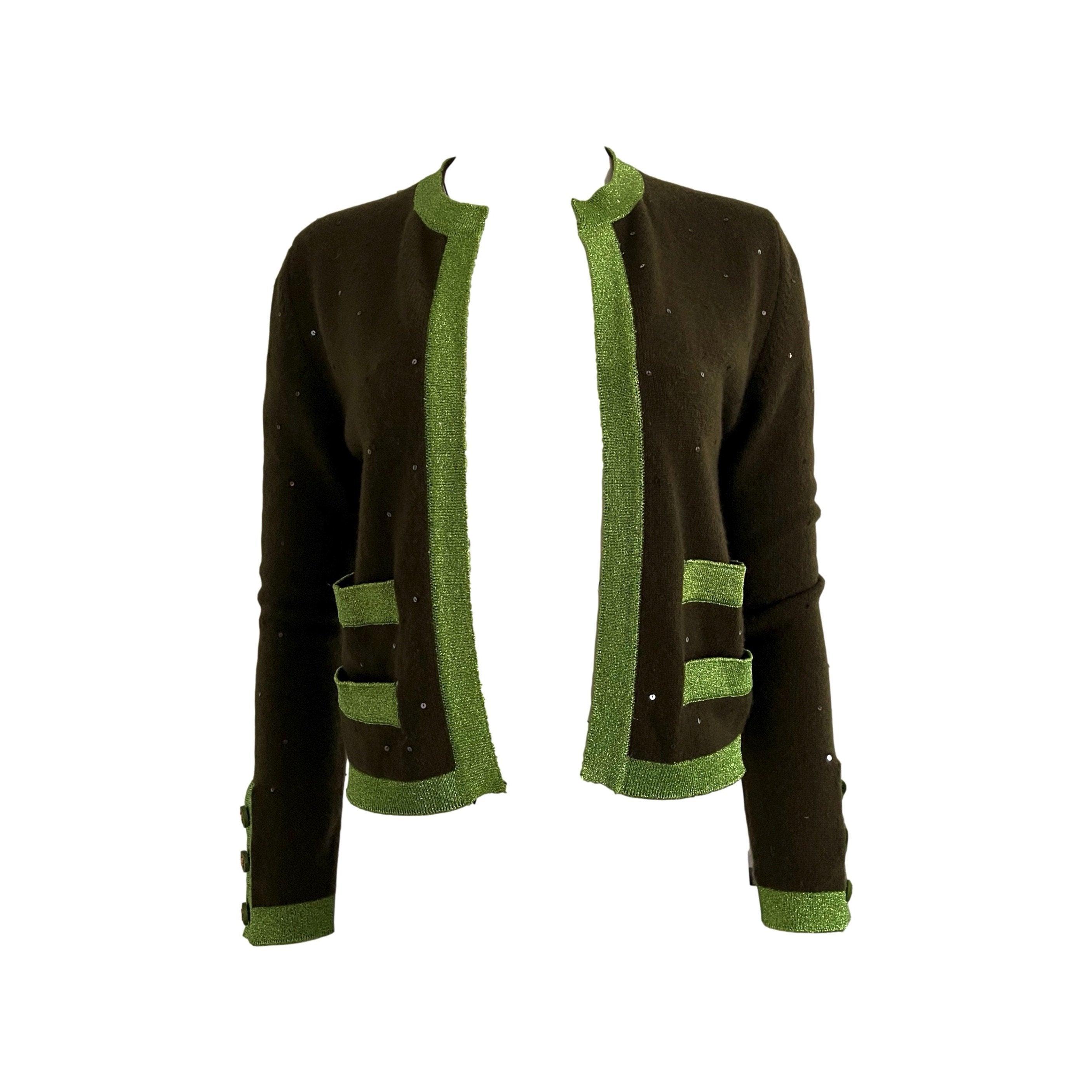 Chanel Green Logo Button Cardigan