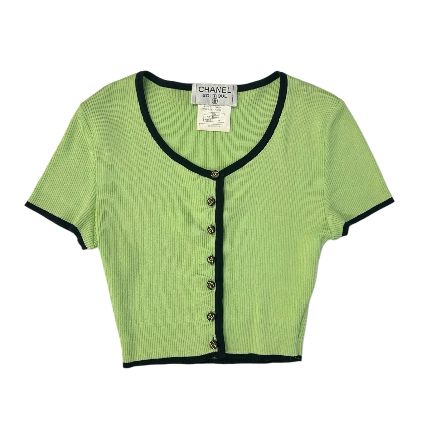 Chanel Green Ribbed Button-Up Cropped Top