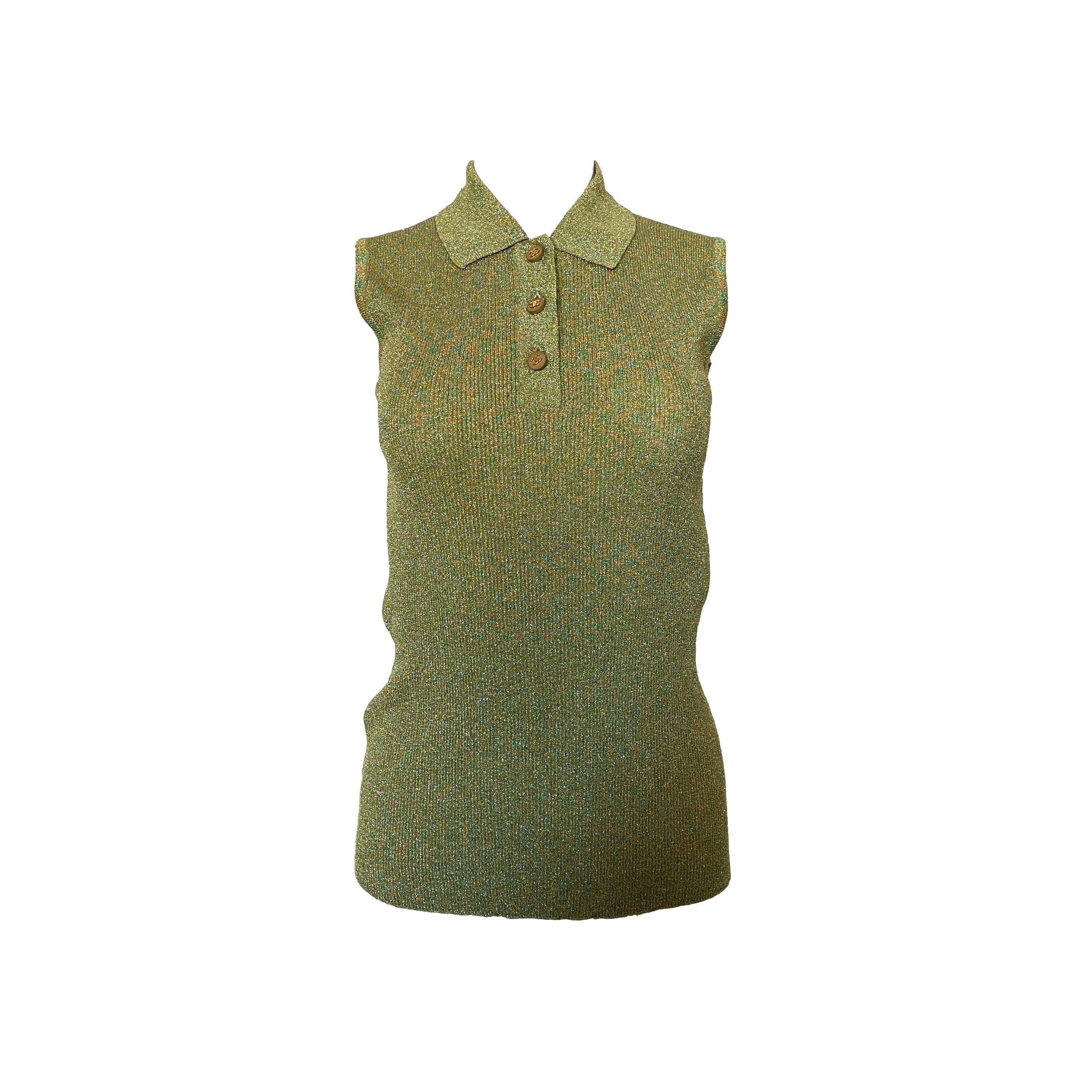 Chanel Green Shimmer Logo Button Tank