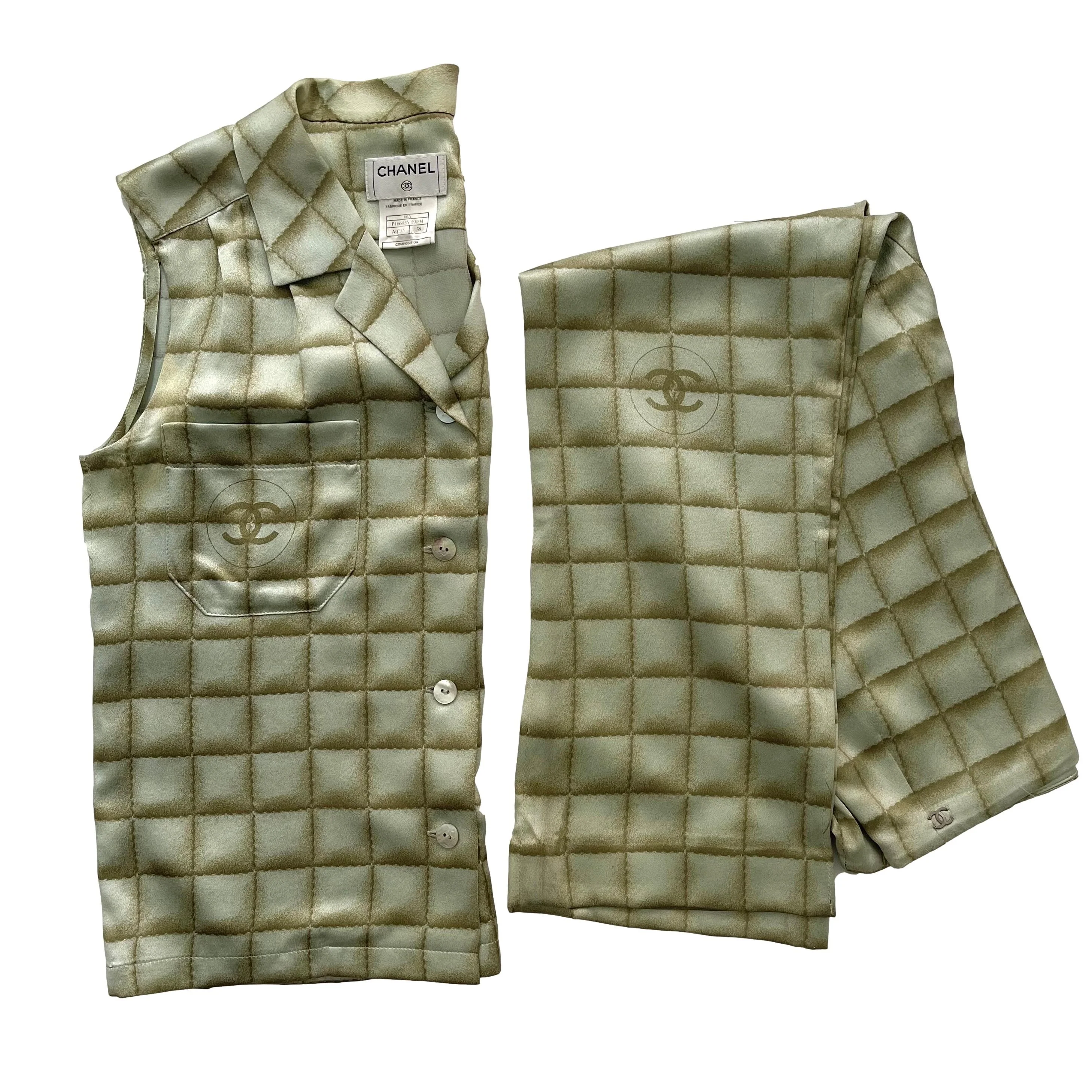 Chanel Green Silk Logo Print Set