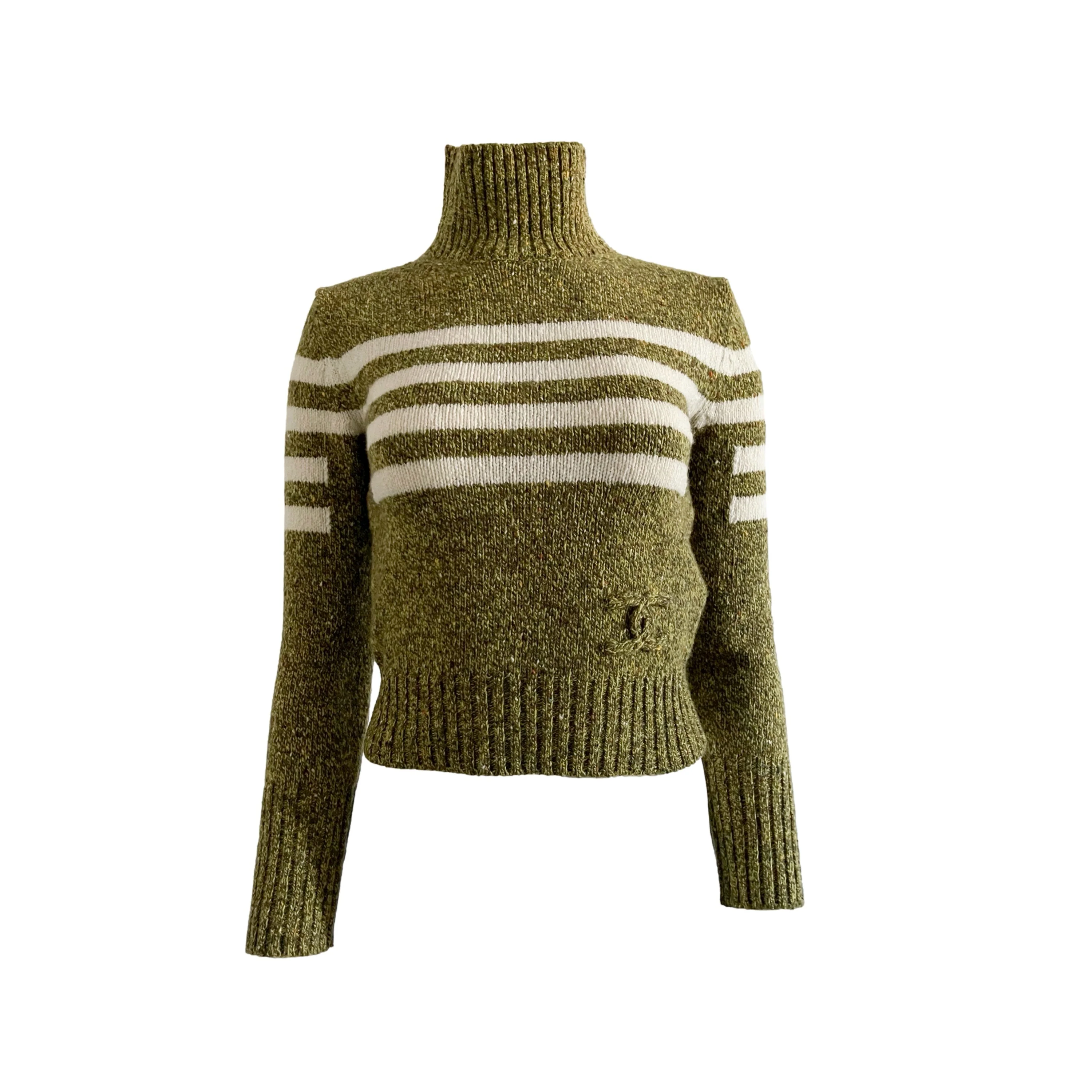 Chanel Green Stripe Logo Turtleneck