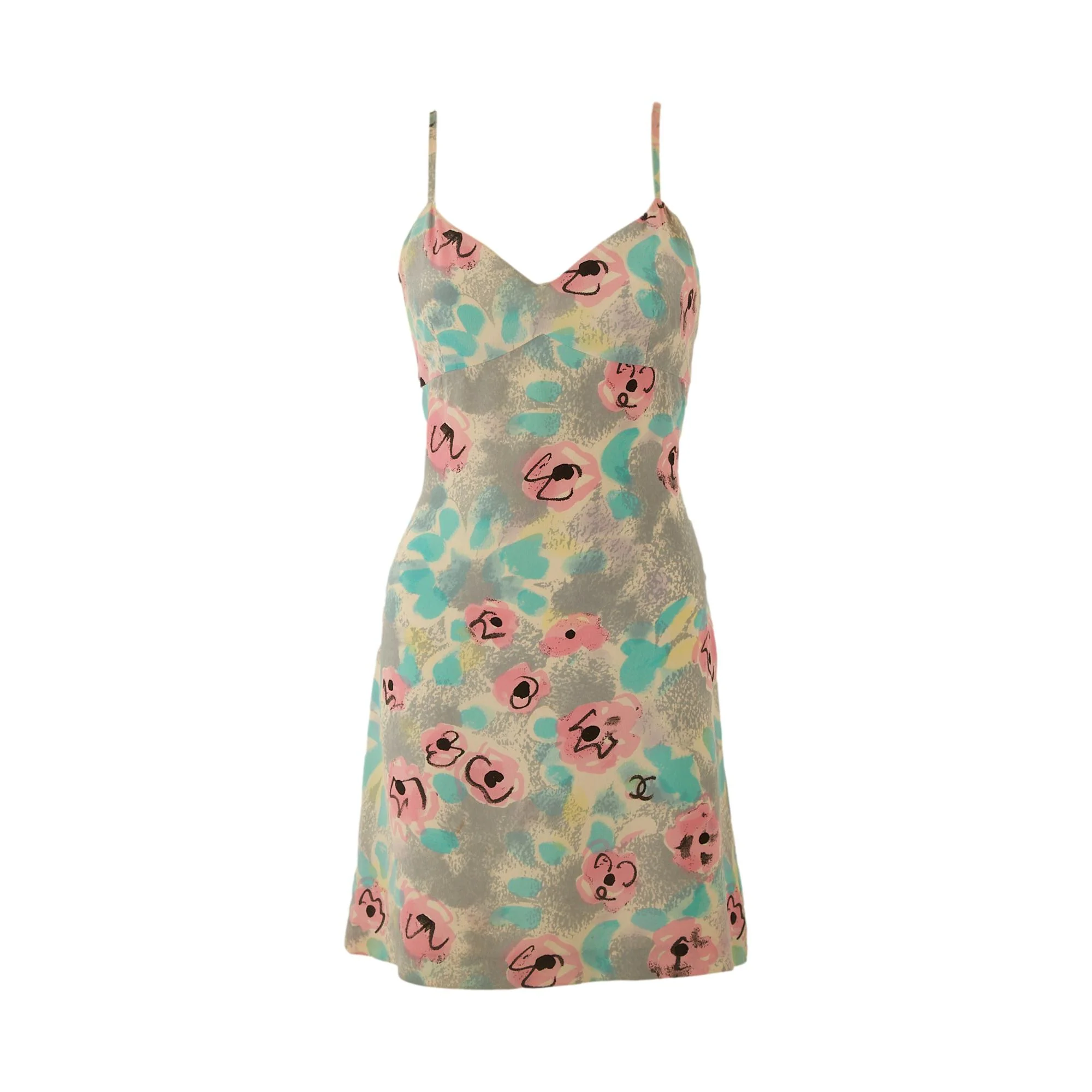 Chanel Grey Floral Silk Slip Dress