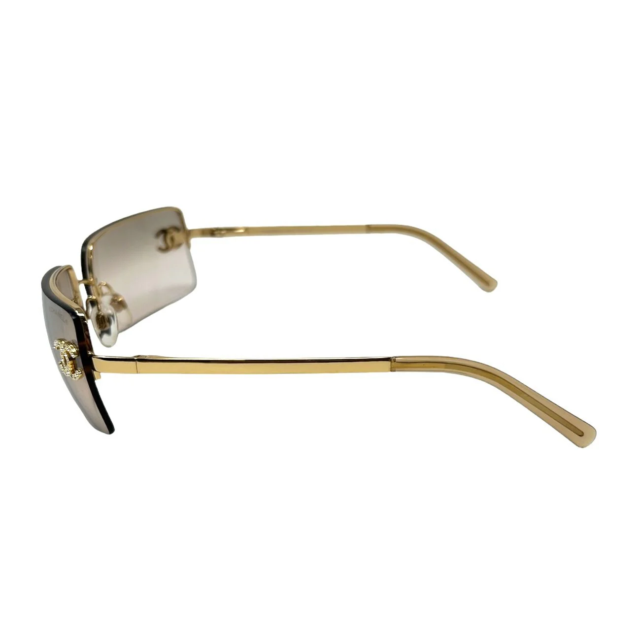 Chanel Grey Rhinestone Logo Rimless Sunglasses - Image 3