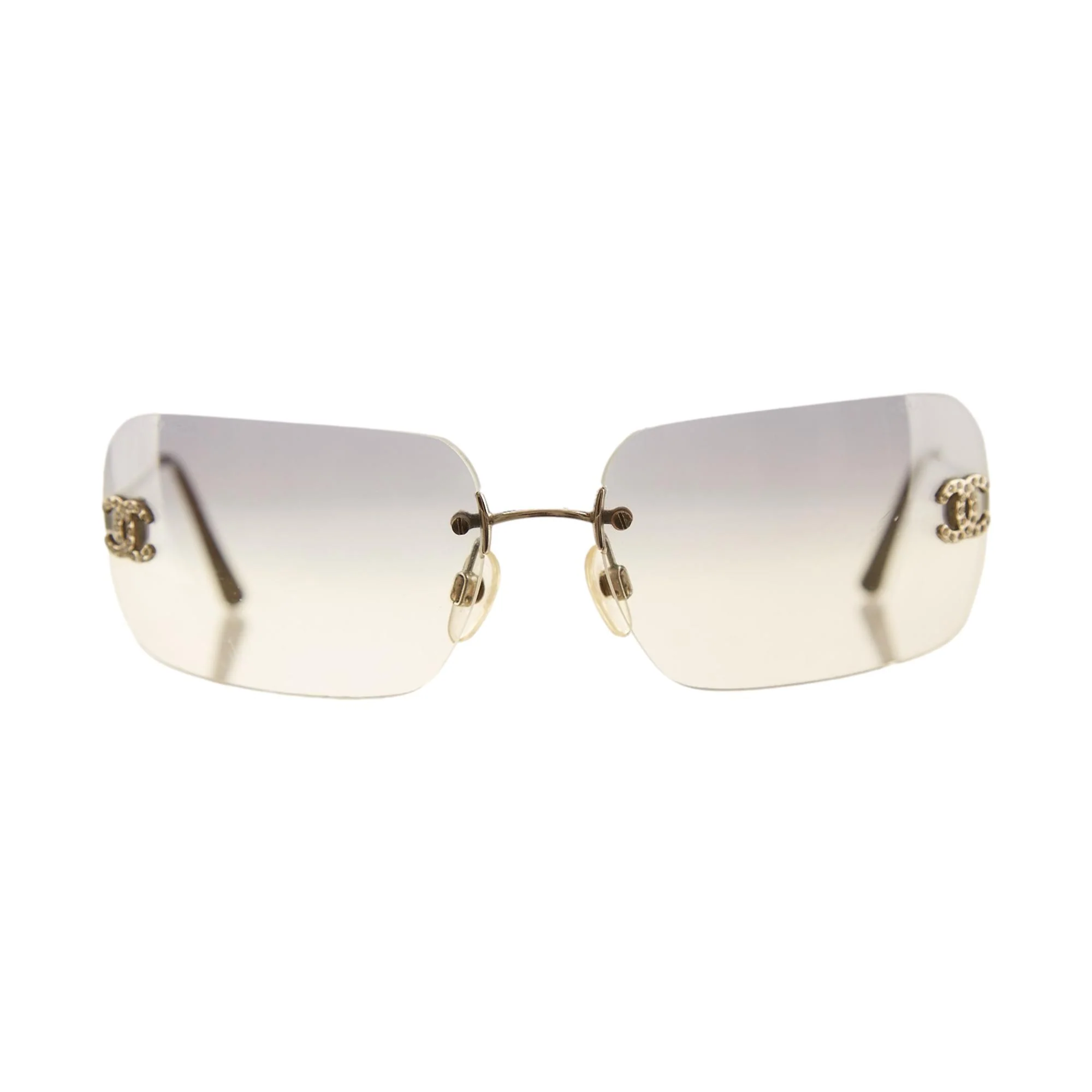 Chanel Grey Rhinestone Logo Rimless Sunglasses