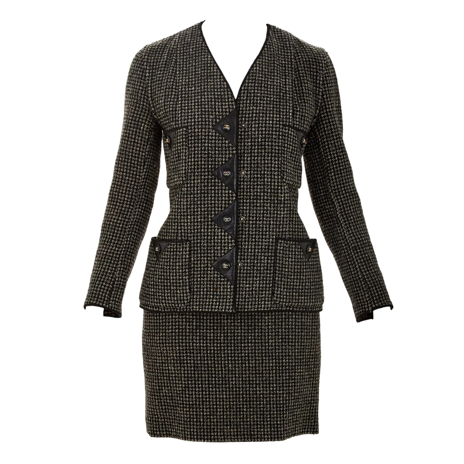Chanel Grey Tweed + Leather Skirt Set - Image 2